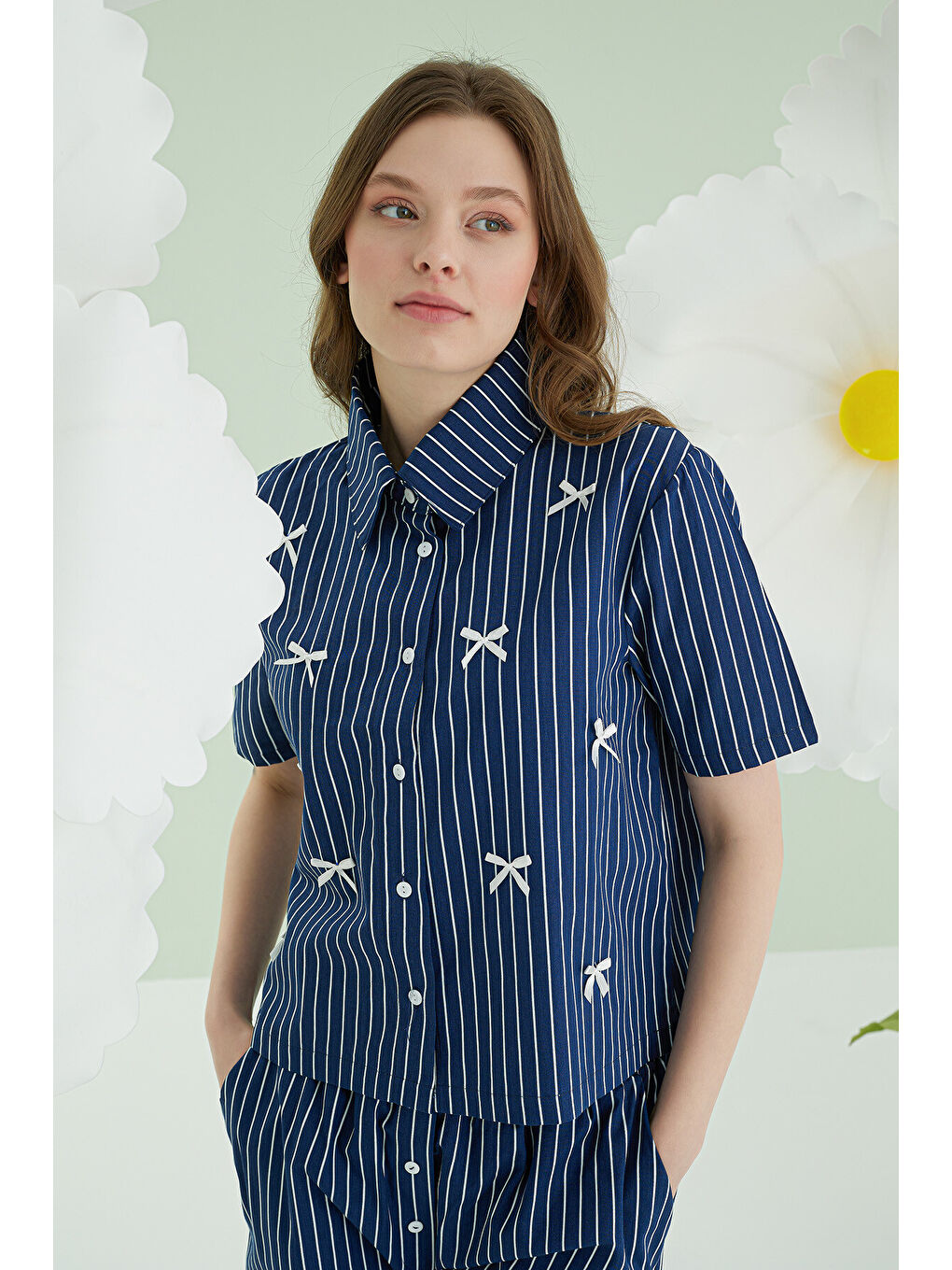 Lacivert Kurdele Önden Düğmeli Pijama Takım-2