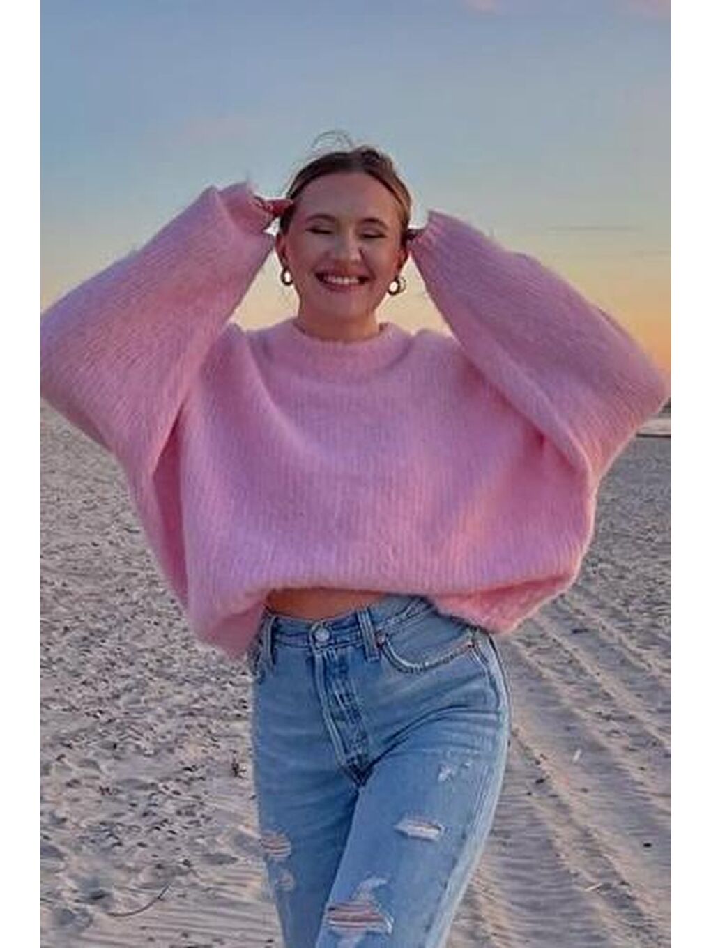 Pembe Oversize Kadın Triko Kazak Mg2263-6