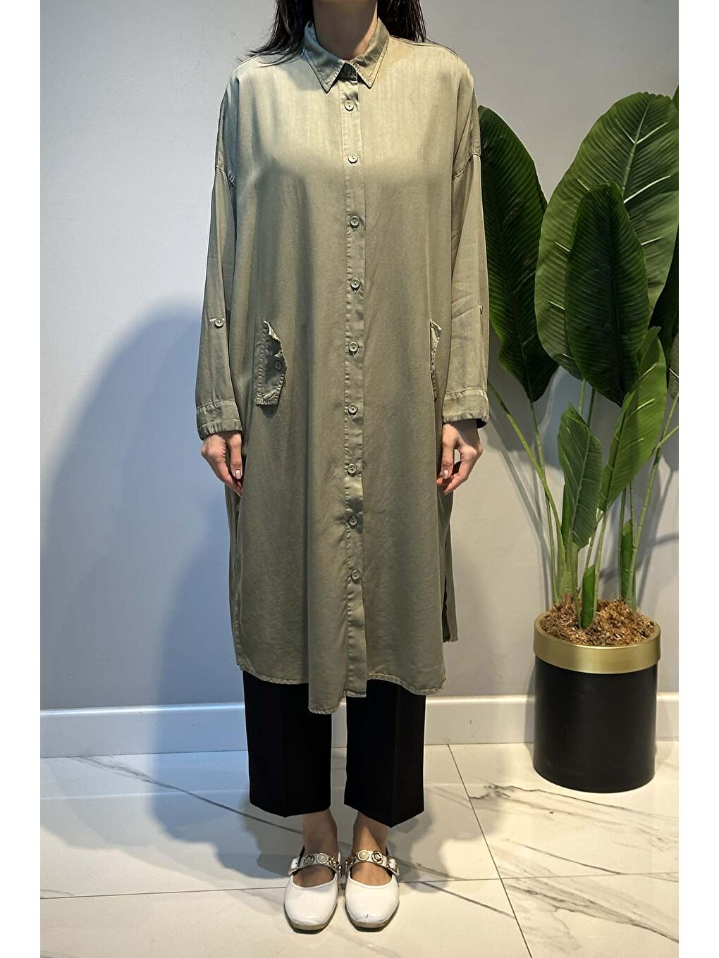 Lyocell Gömlek Uzun Tunik 7509 Haki-1