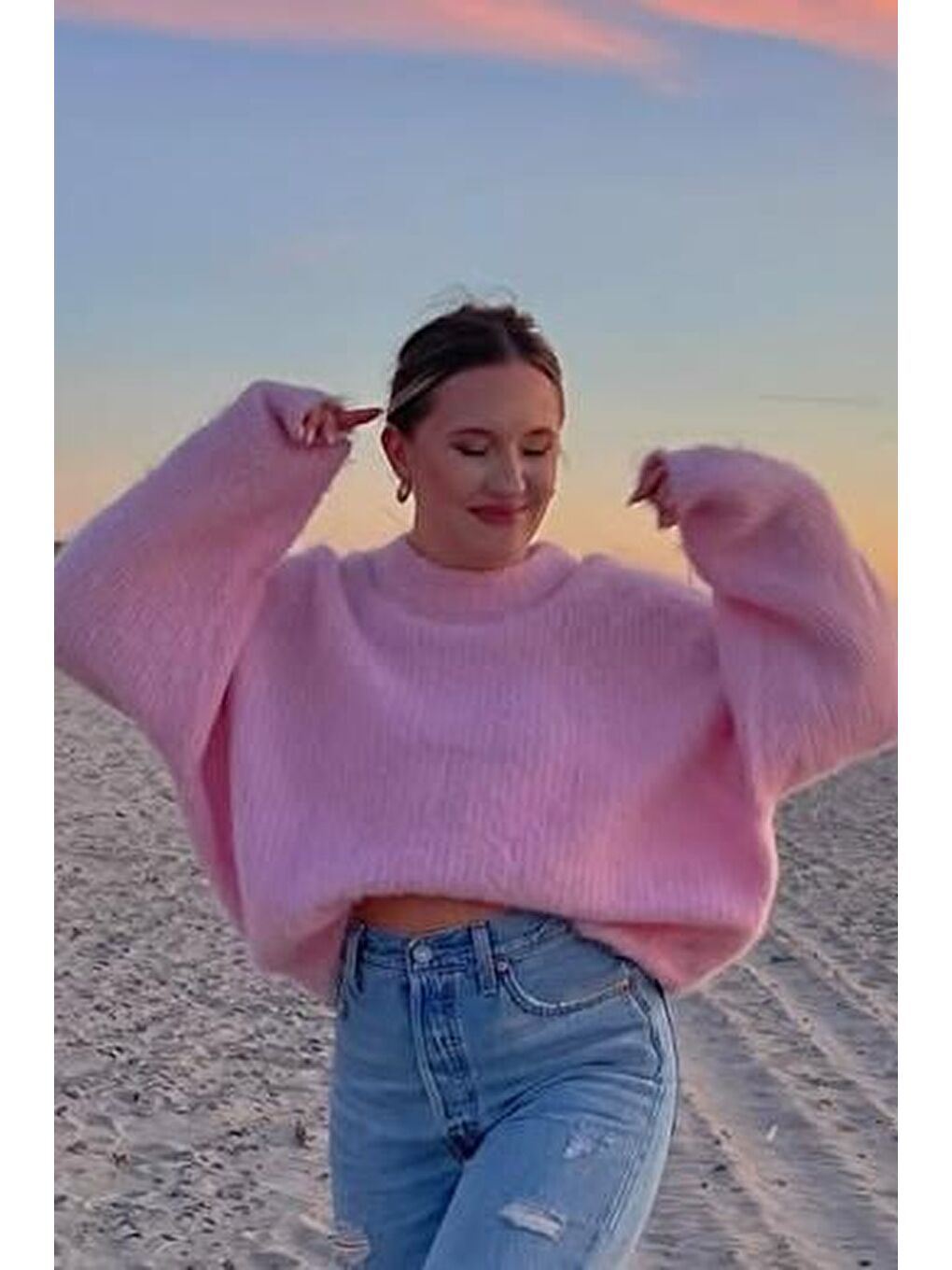 Pembe Oversize Kadın Triko Kazak Mg2263-8