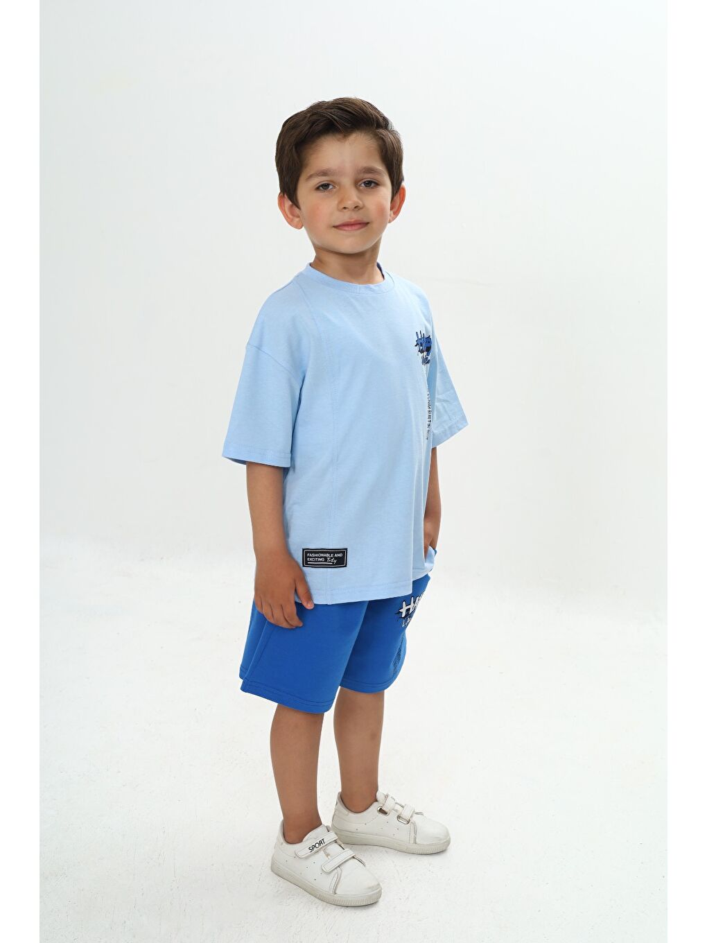 Mavi Erkek Çocuk Happy Yazı Baskılı Şortlu Takım-1
