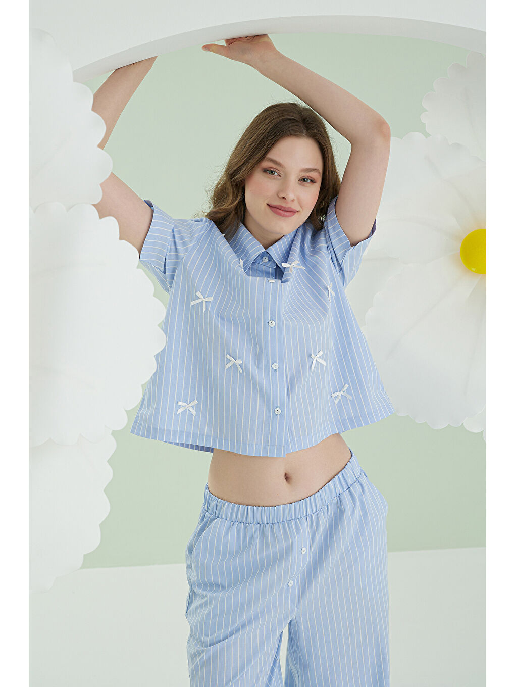 Mavi Kurdele Önden Düğmeli Pijama Takım-1