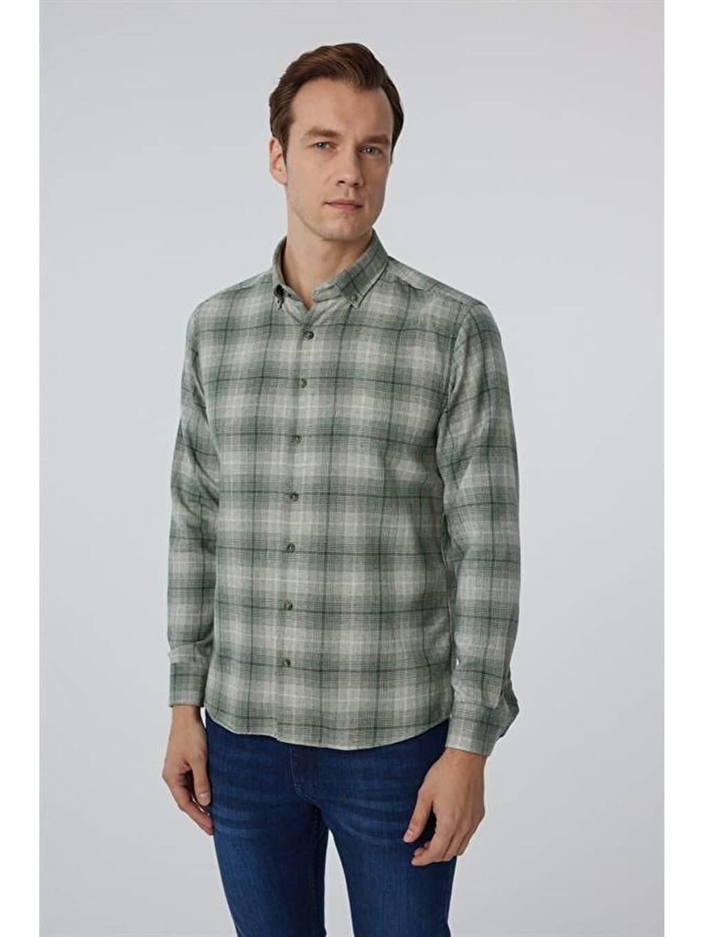 Koyu Yeşil Slim Düz Düğmeli Yaka Gömlek