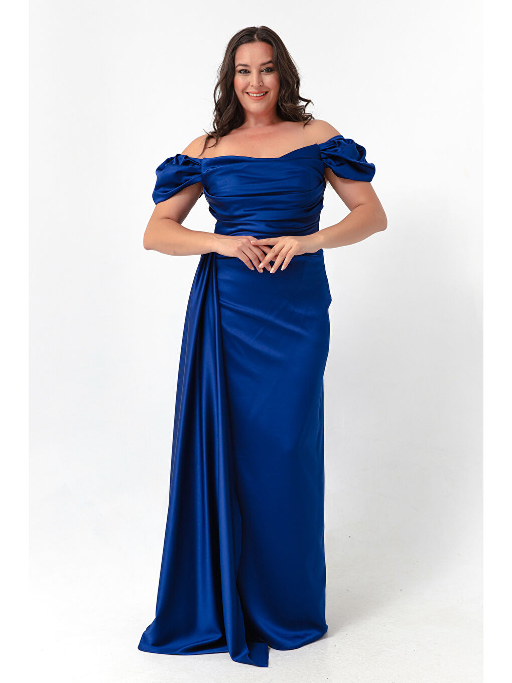 Mavi Kadın Saks Kayık Yaka Kuyruklu Uzun Saten Abiye & Mezuniyet Elbisesi-1