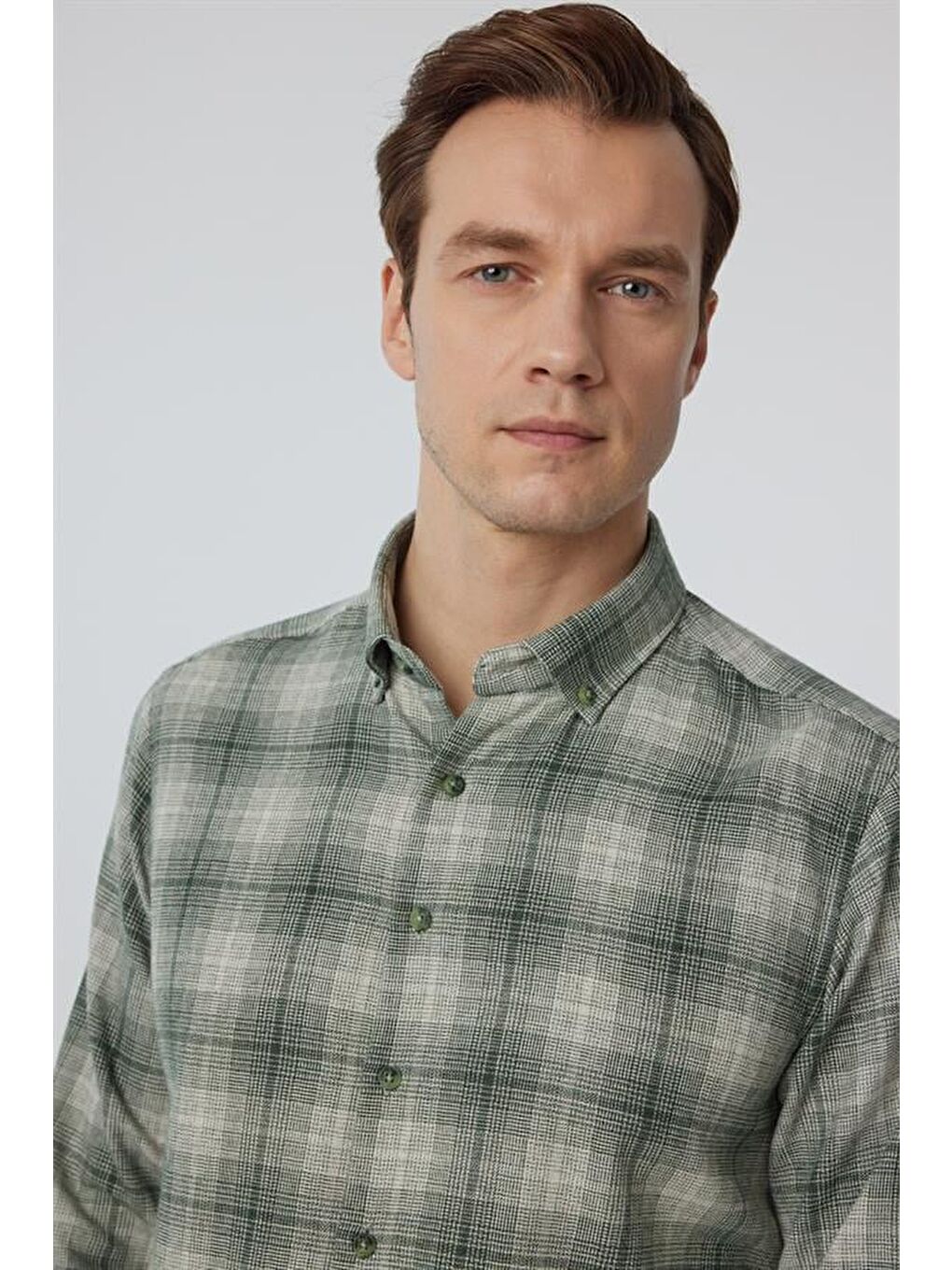 Koyu Yeşil Slim Düz Düğmeli Yaka Gömlek-1