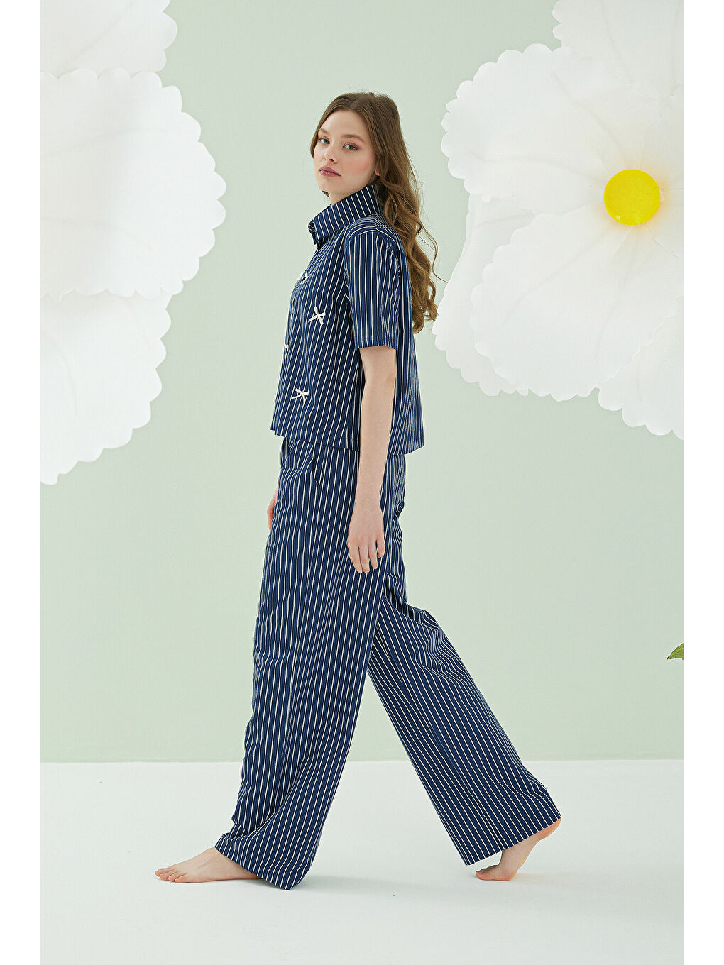 Lacivert Kurdele Önden Düğmeli Pijama Takım-3