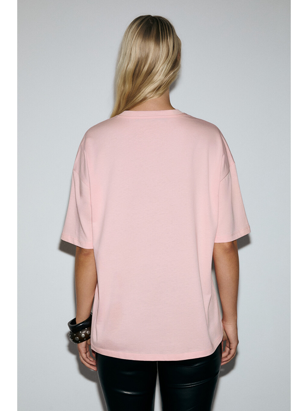 Pembe ASTERIVE Kadın Organik Pamuklu Baskılı Bisiklet Yaka Oversıze SOMON T-Shirt-5