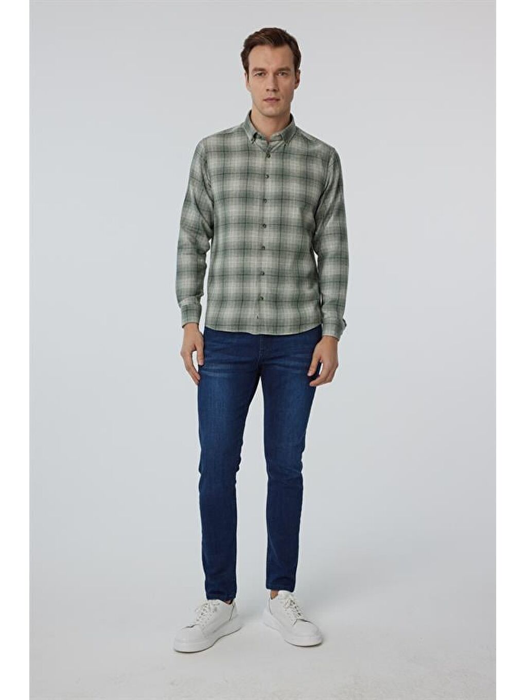 Koyu Yeşil Slim Düz Düğmeli Yaka Gömlek-2