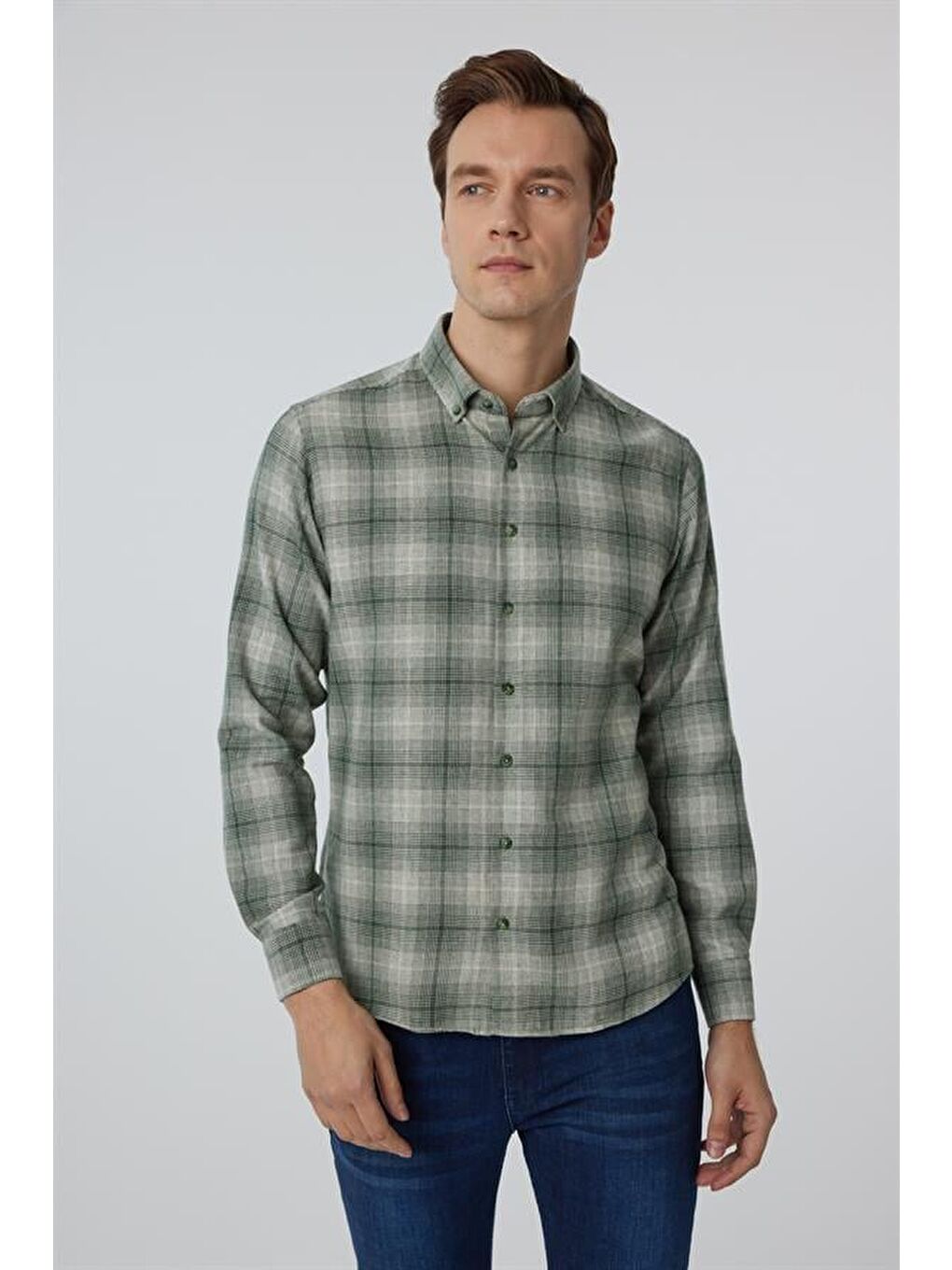 Koyu Yeşil Slim Düz Düğmeli Yaka Gömlek-3