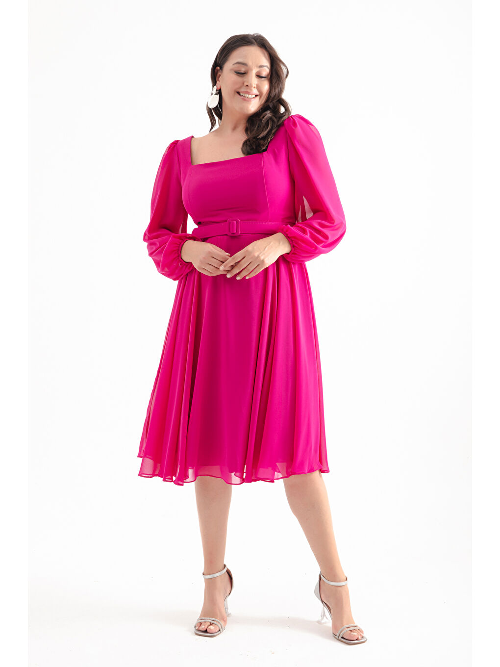 Kadın Fuşya Kare Yaka Kemerli Midi Şifon Büyük Beden Abiye Elbise-1