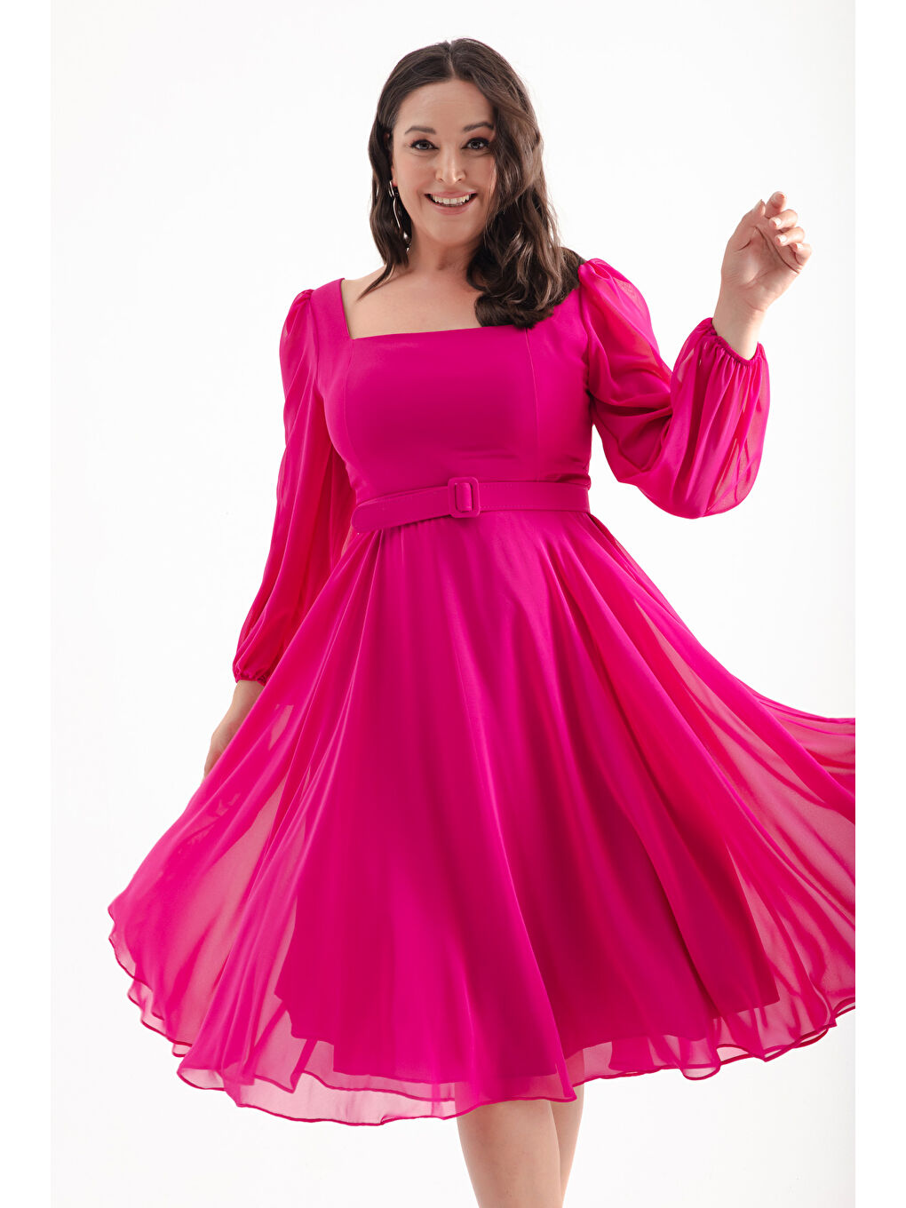 Kadın Fuşya Kare Yaka Kemerli Midi Şifon Büyük Beden Abiye Elbise-2
