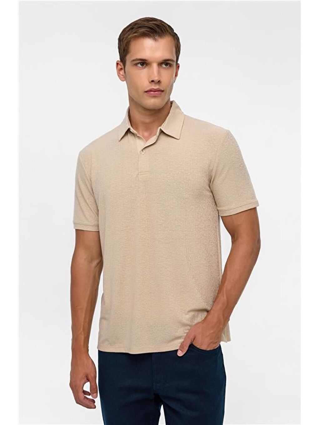 Bej Regular Düz Polo Yaka Tişört-1