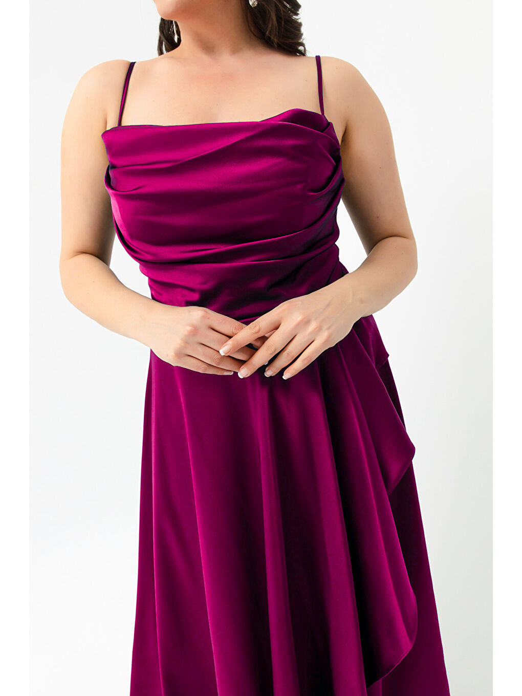 Kadın Mürdüm Volanlı Yırtmaçlı Büyük Beden Saten Abiye Mezuniyet Elbisesi-2