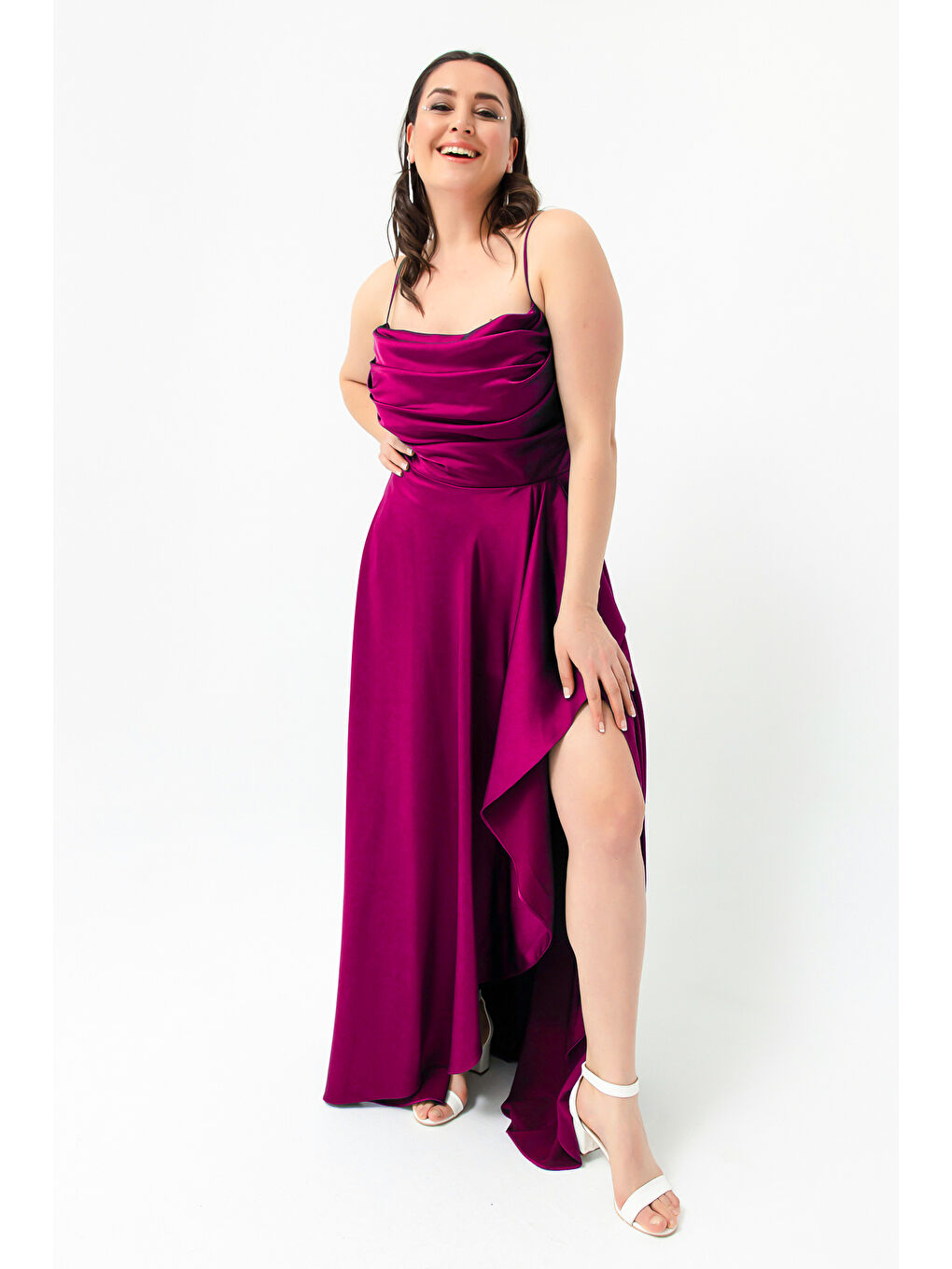 Kadın Mürdüm Volanlı Yırtmaçlı Büyük Beden Saten Abiye Mezuniyet Elbisesi-3