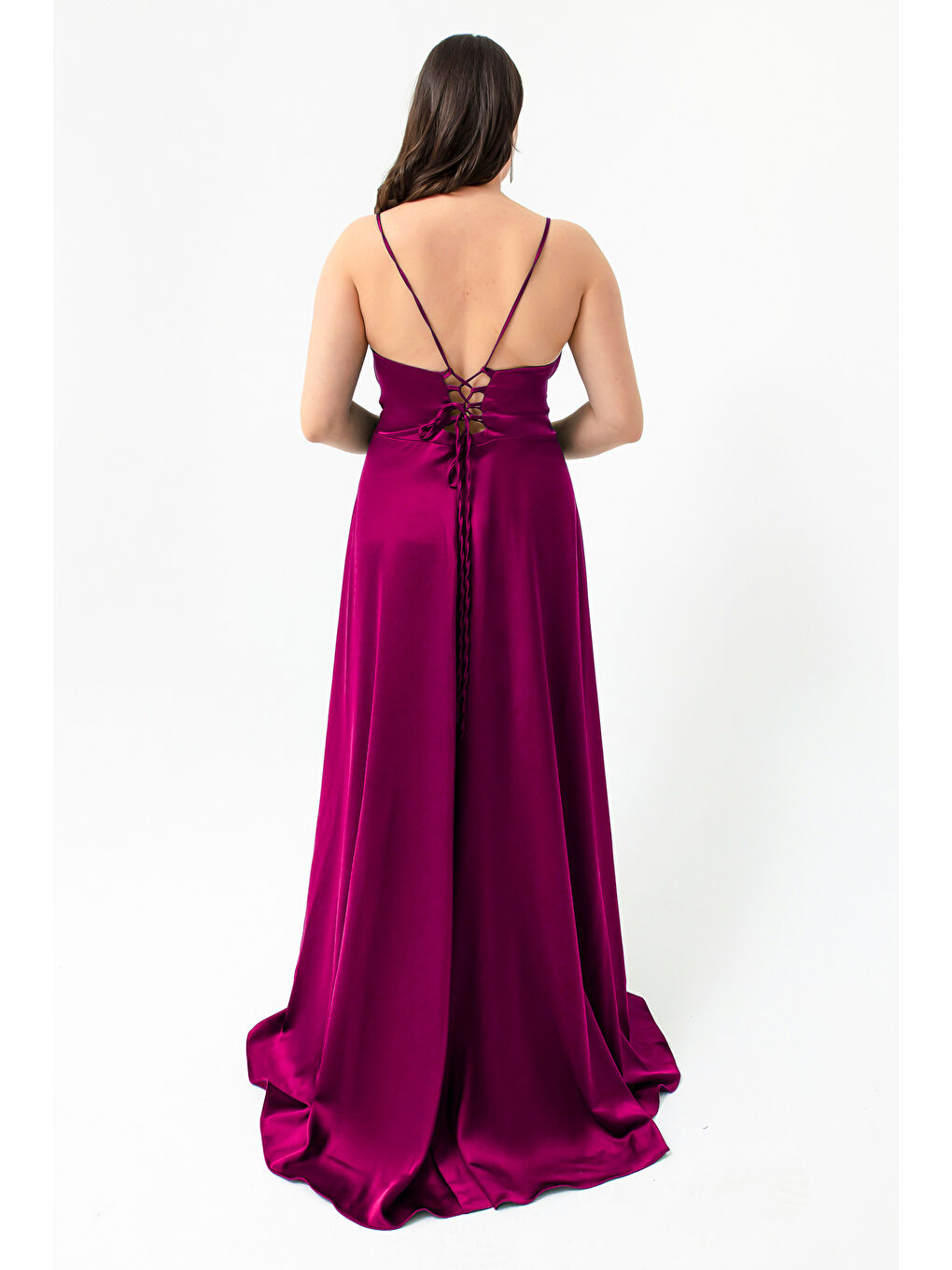 Kadın Mürdüm Volanlı Yırtmaçlı Büyük Beden Saten Abiye Mezuniyet Elbisesi-4