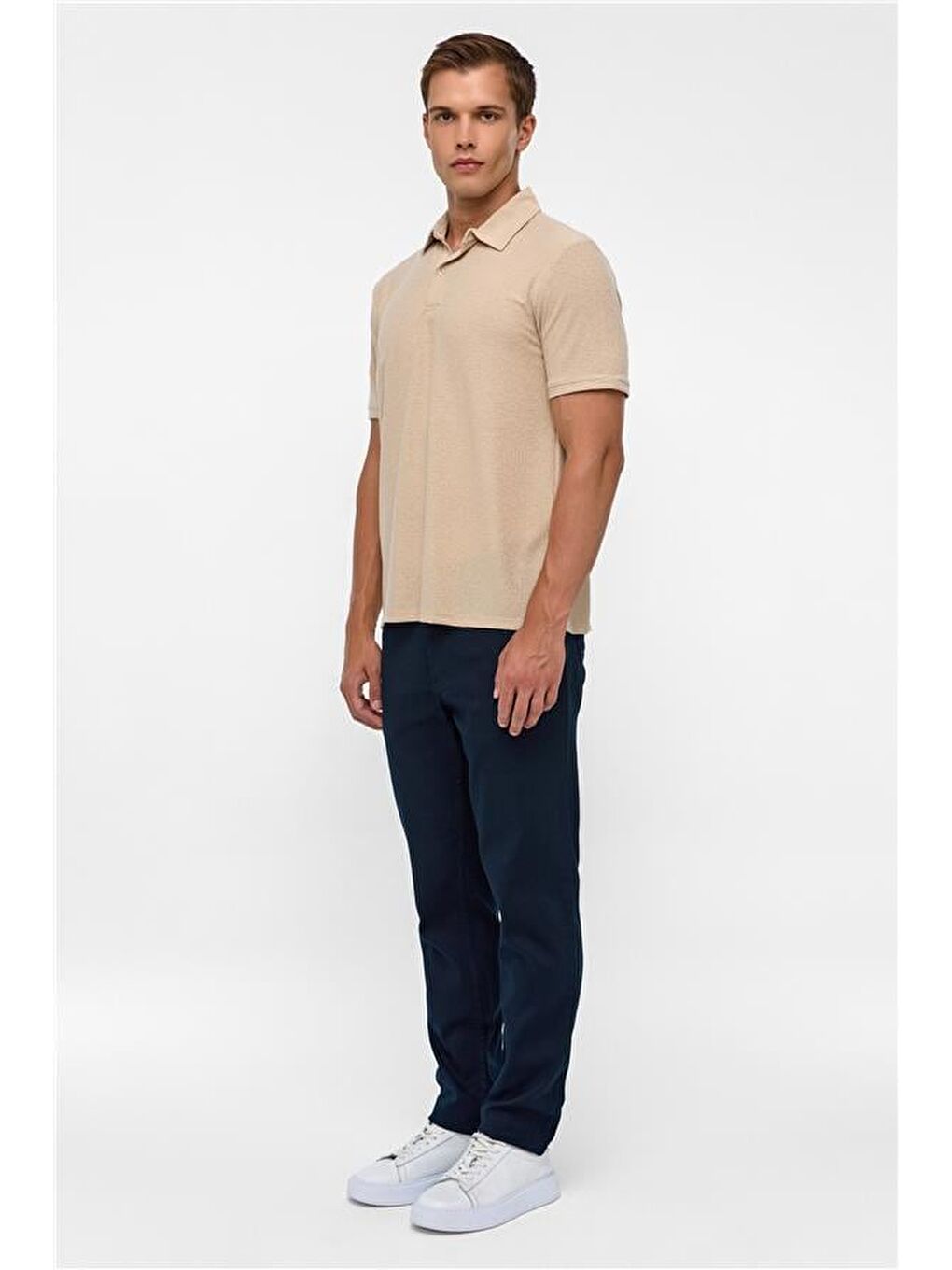 Bej Regular Düz Polo Yaka Tişört-3