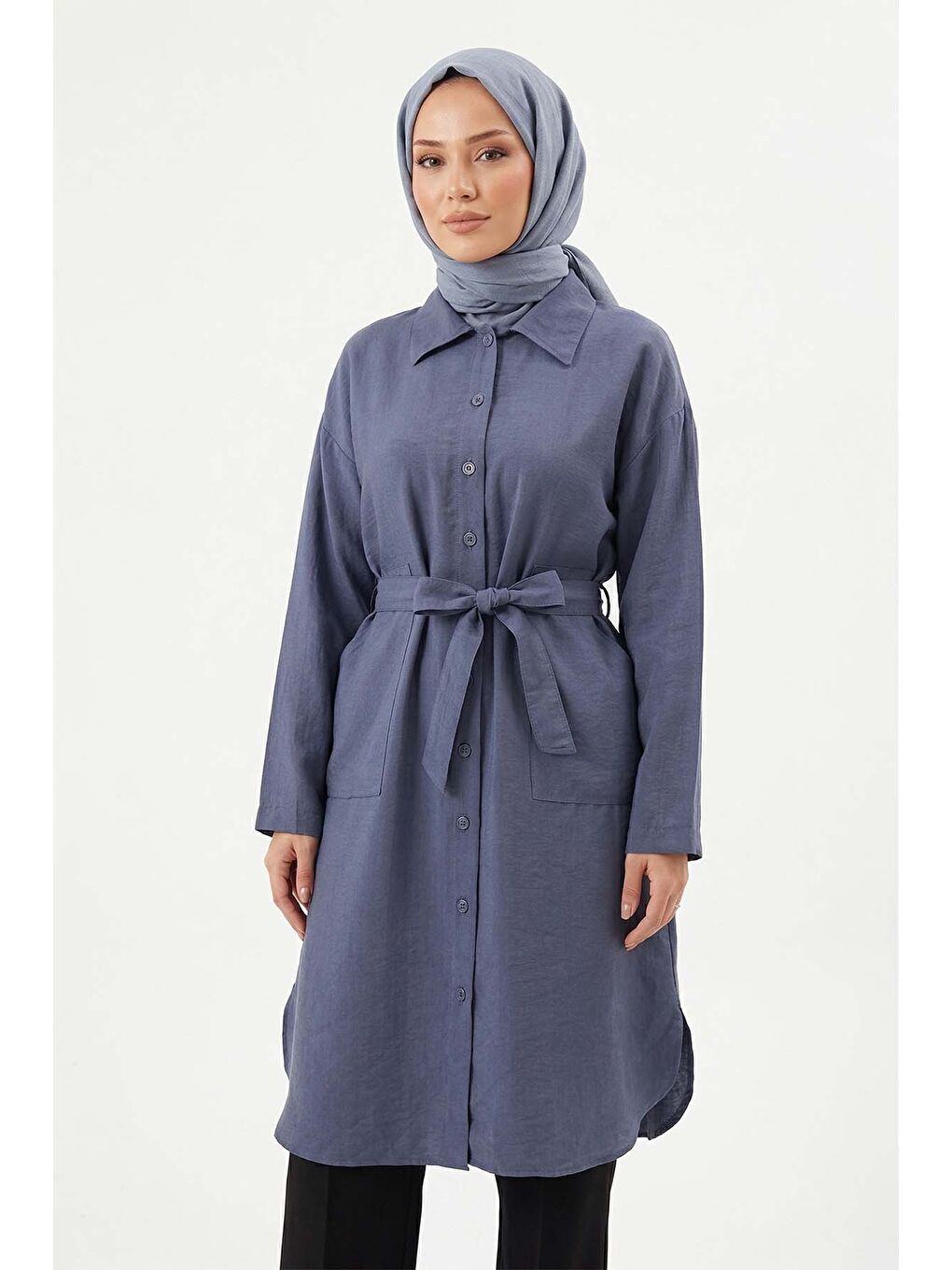 Beli Bağcıklı Lyocell Uzun Gömlek Tunik 7501 İndigo