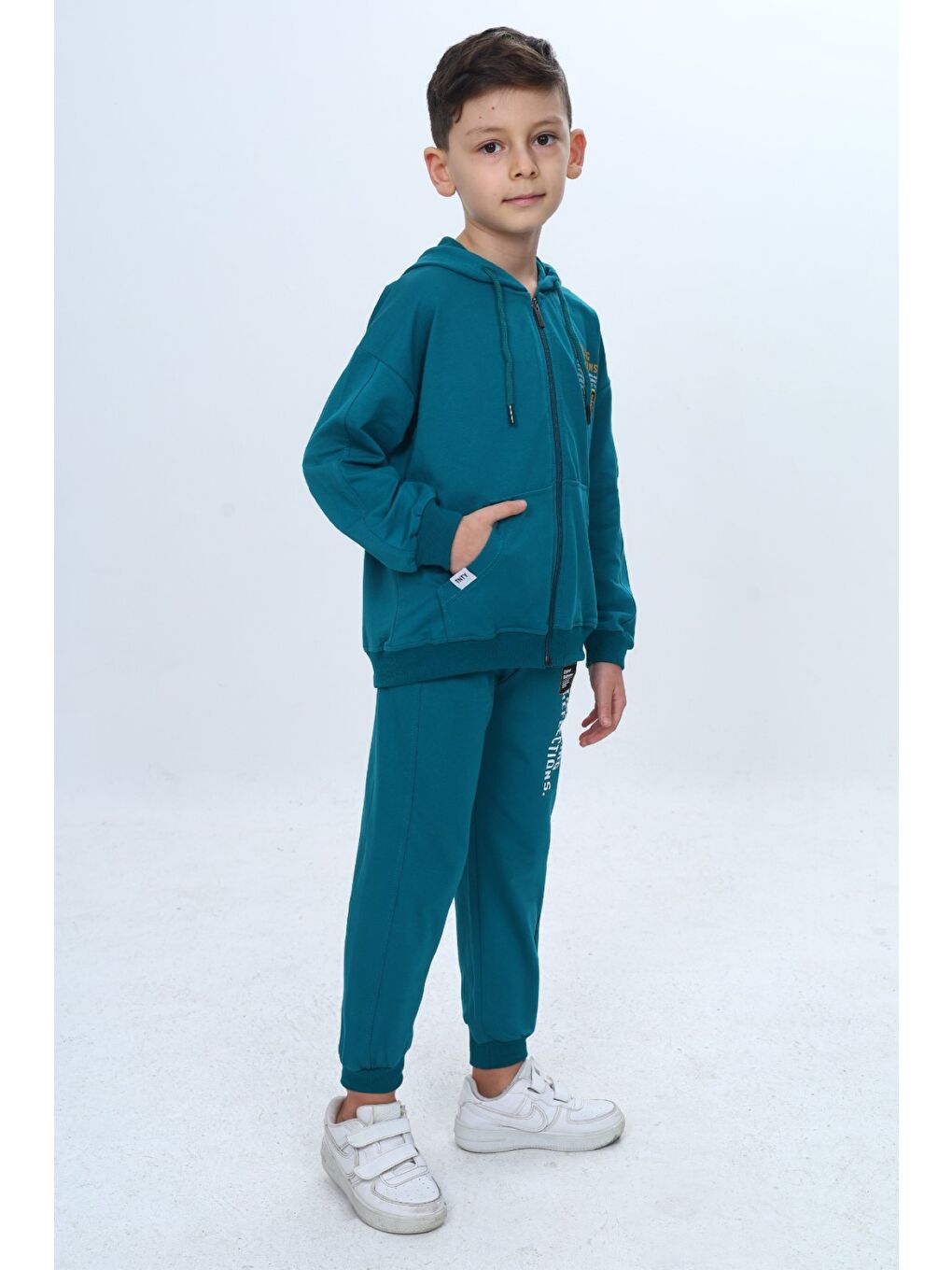 Petrol Erkek Çocuk 2'li Takım Baskılı Kapüşonlu Fermuarlı Sweatshirt & Beli Paçası Lastikli Cepli Jogger Eş-1