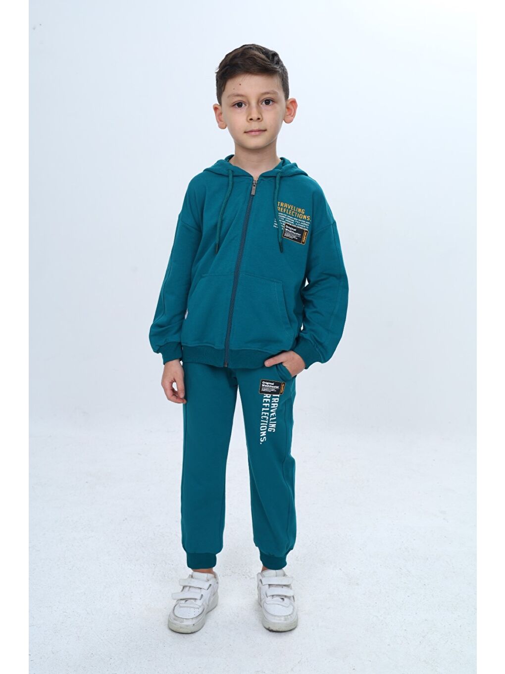 Petrol Erkek Çocuk 2'li Takım Baskılı Kapüşonlu Fermuarlı Sweatshirt & Beli Paçası Lastikli Cepli Jogger Eş-2