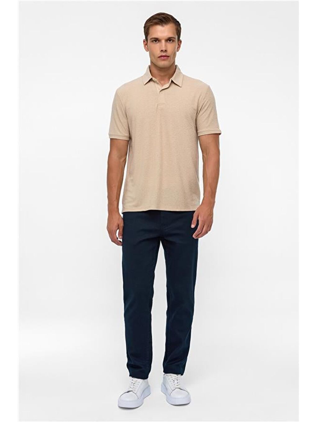 Bej Regular Düz Polo Yaka Tişört-6