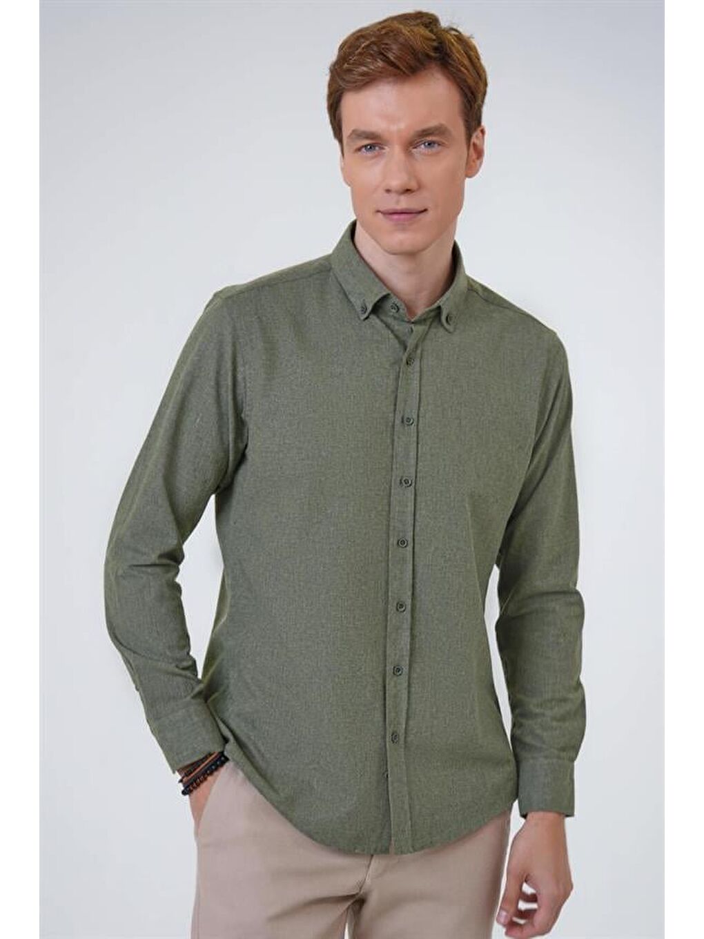 Koyu Haki Slim Düz Düğmeli Yaka Gömlek