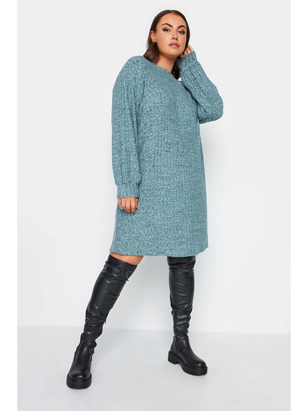 Mavi Büyük Beden Bisiklet Yaka Uzun Kollu Örme Kısa Elbise 302611