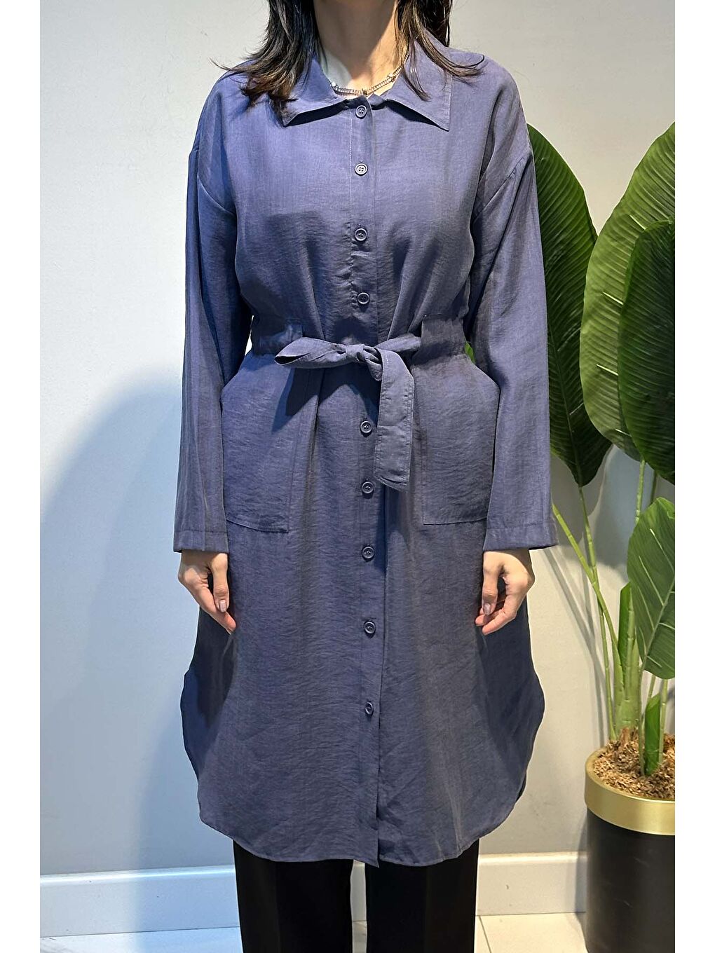 Beli Bağcıklı Lyocell Uzun Gömlek Tunik 7501 İndigo-1