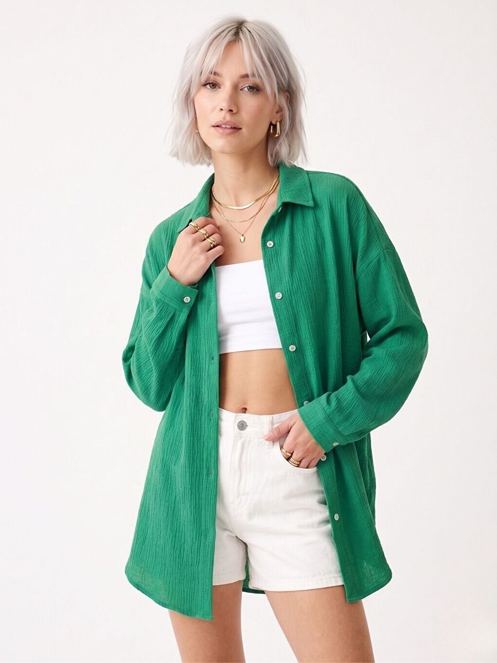 Kadın Yeşil Oversize Krinkıl Kumaş Gömlek-1