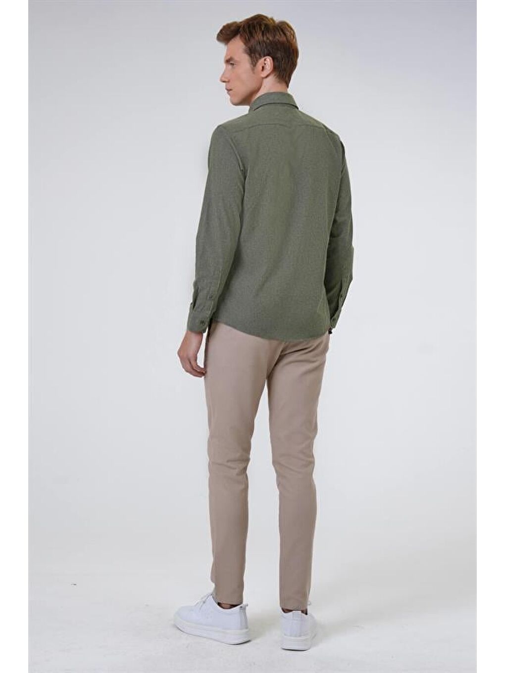 Koyu Haki Slim Düz Düğmeli Yaka Gömlek-2