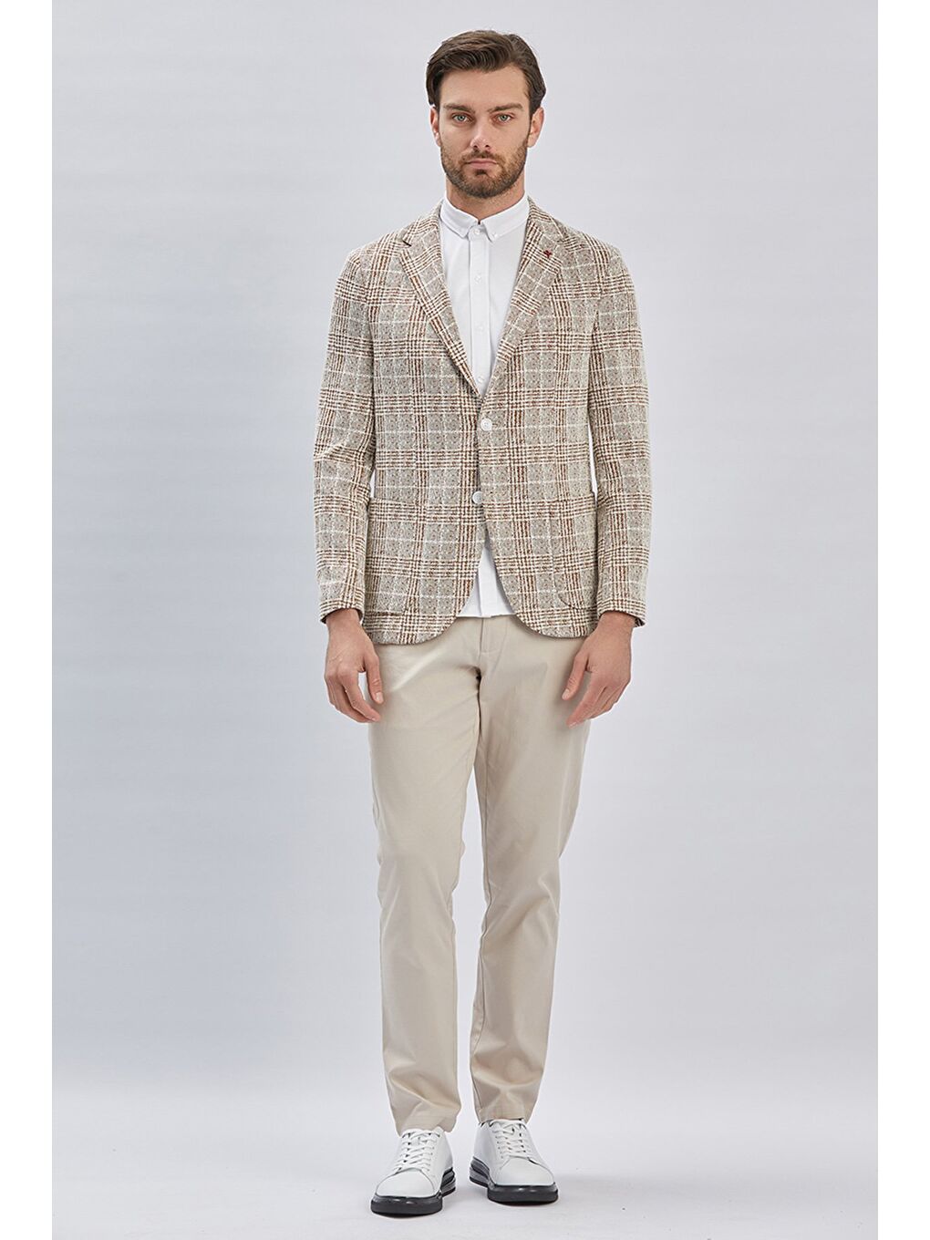 Kahverengi Koyu Camel Mono Yaka Ekose Desen 2 Düğmeli 6 Drop Slim Fit Ceket 1002240158