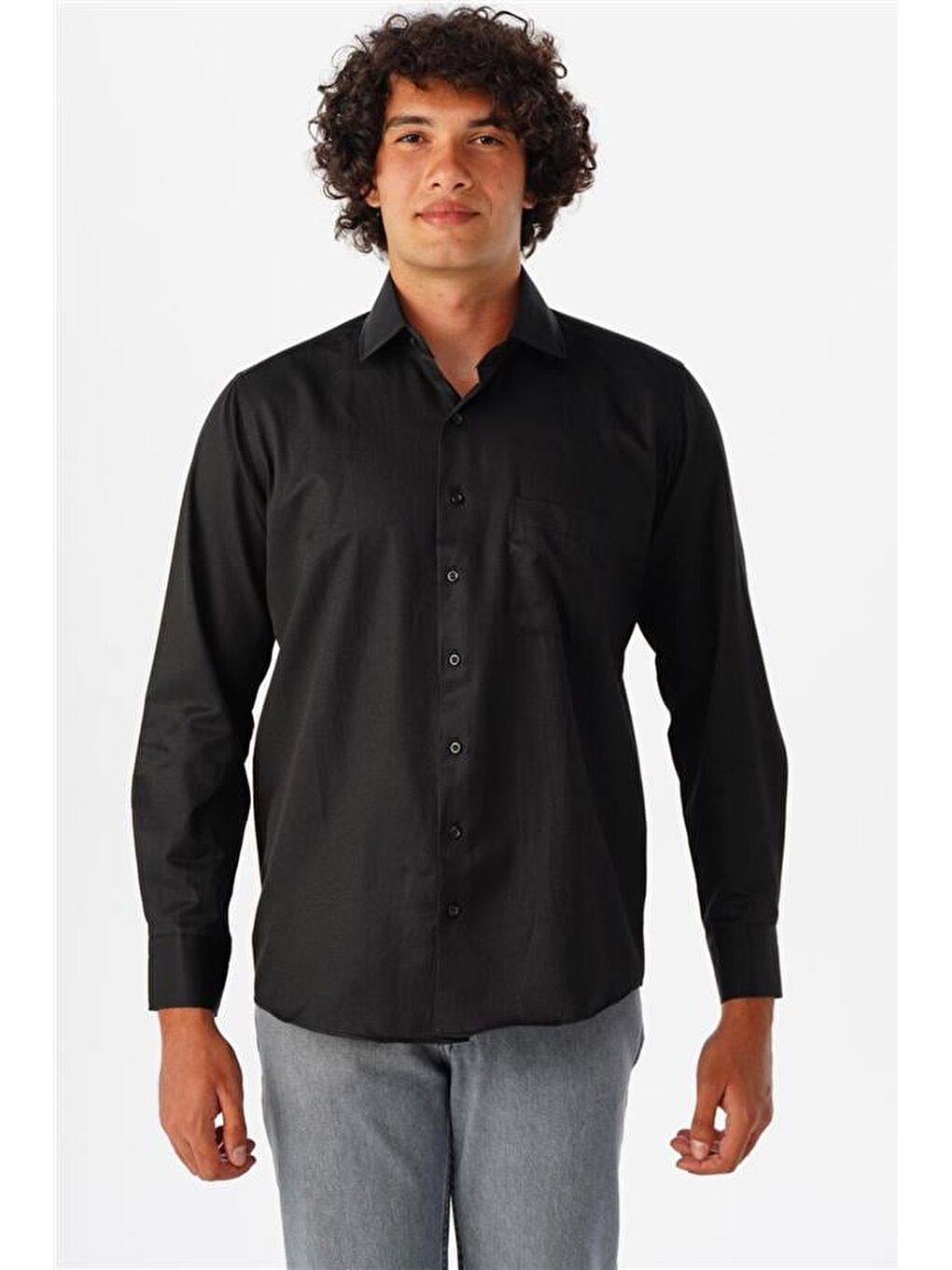 Siyah Regular Armürlü Klasik Yaka Gömlek