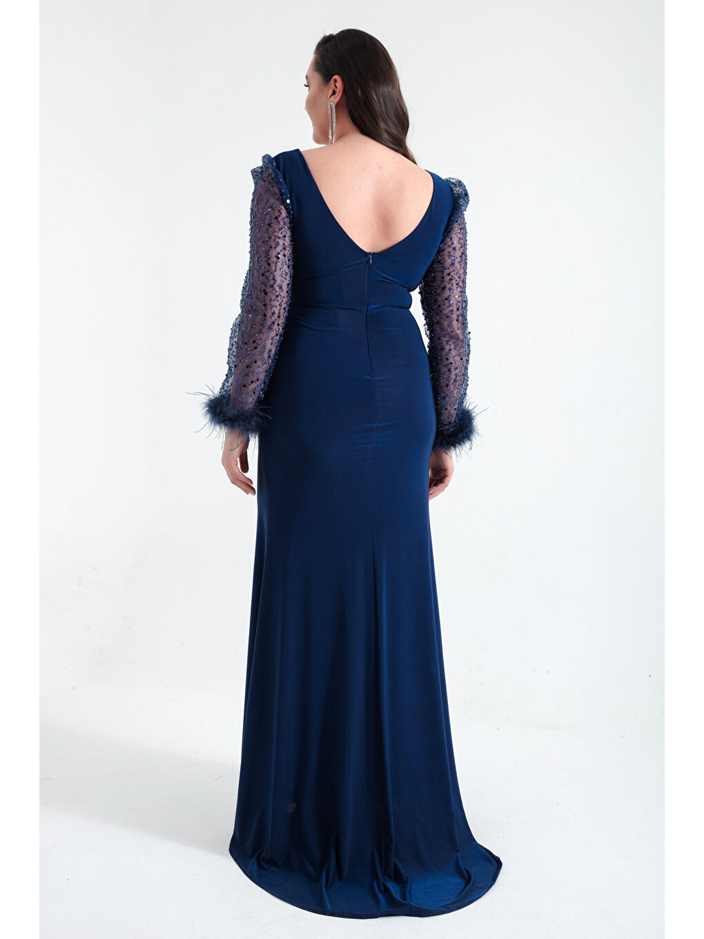 Kadın Lacivert V Yaka Kolları Taşlı Yırtmaçlı Büyük Beden Uzun Abiye Elbise-4
