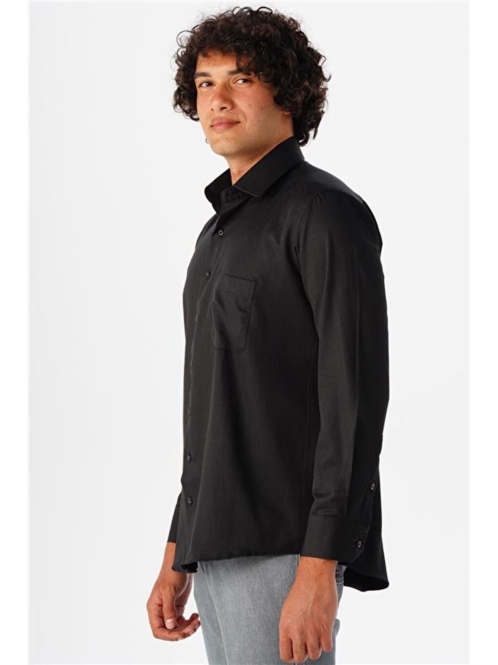 Siyah Regular Armürlü Klasik Yaka Gömlek-1