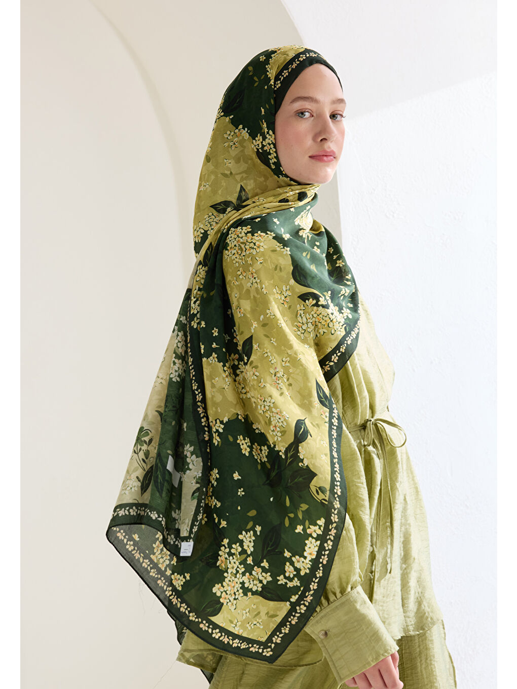 Tıny Plumerıa Floş Viskon Şal Haki