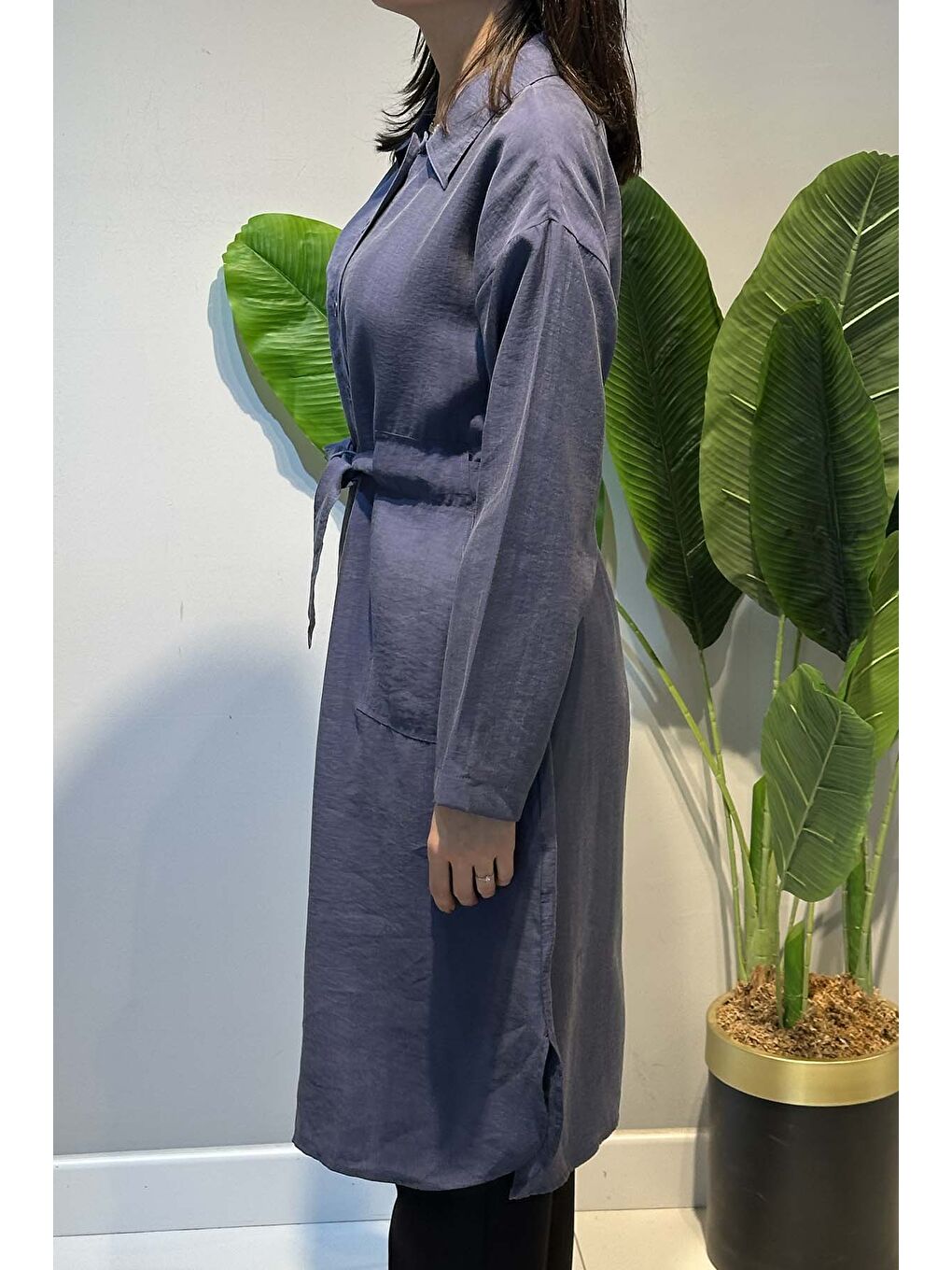 Beli Bağcıklı Lyocell Uzun Gömlek Tunik 7501 İndigo-2