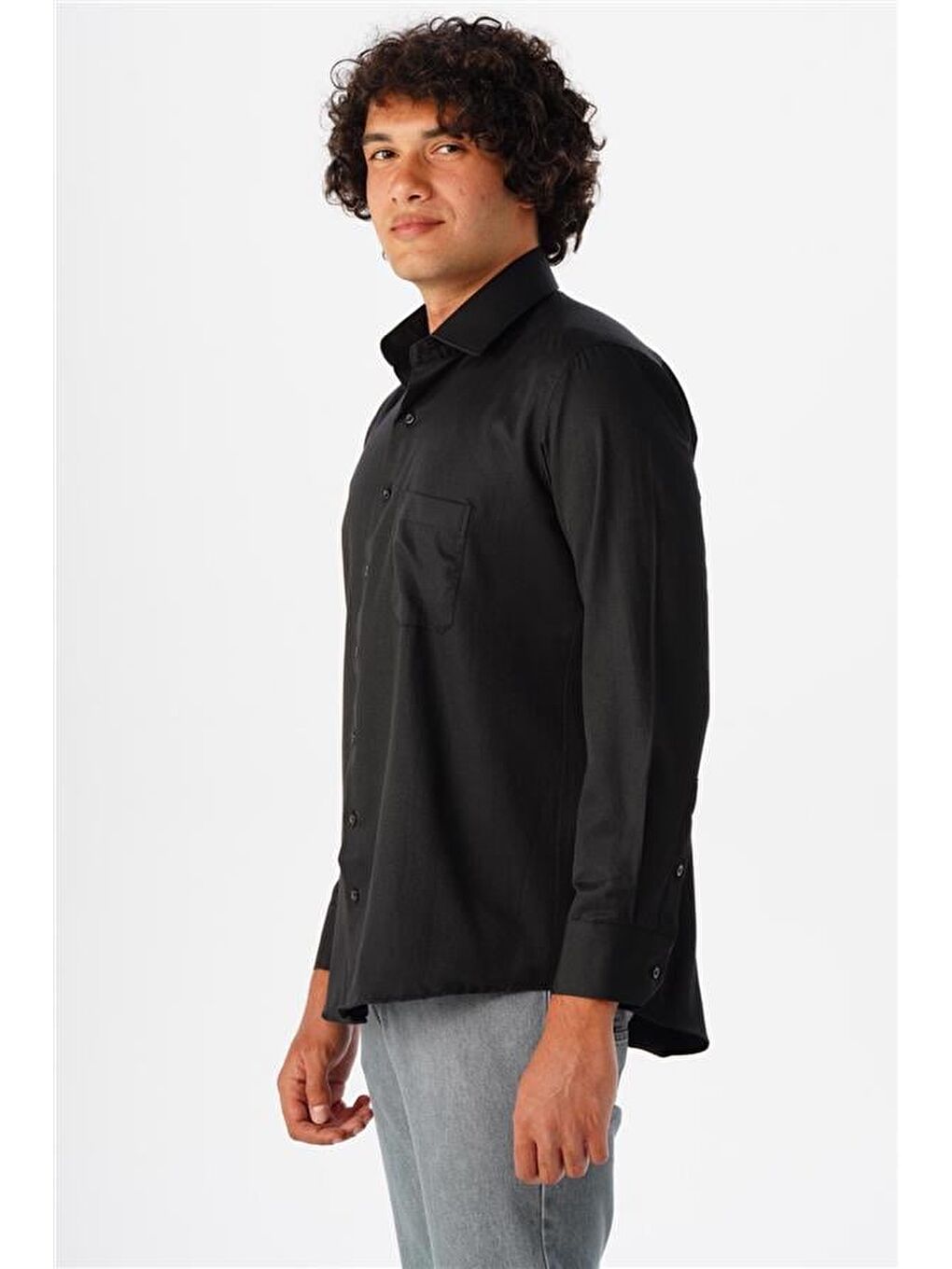 Siyah Regular Armürlü Klasik Yaka Gömlek-3