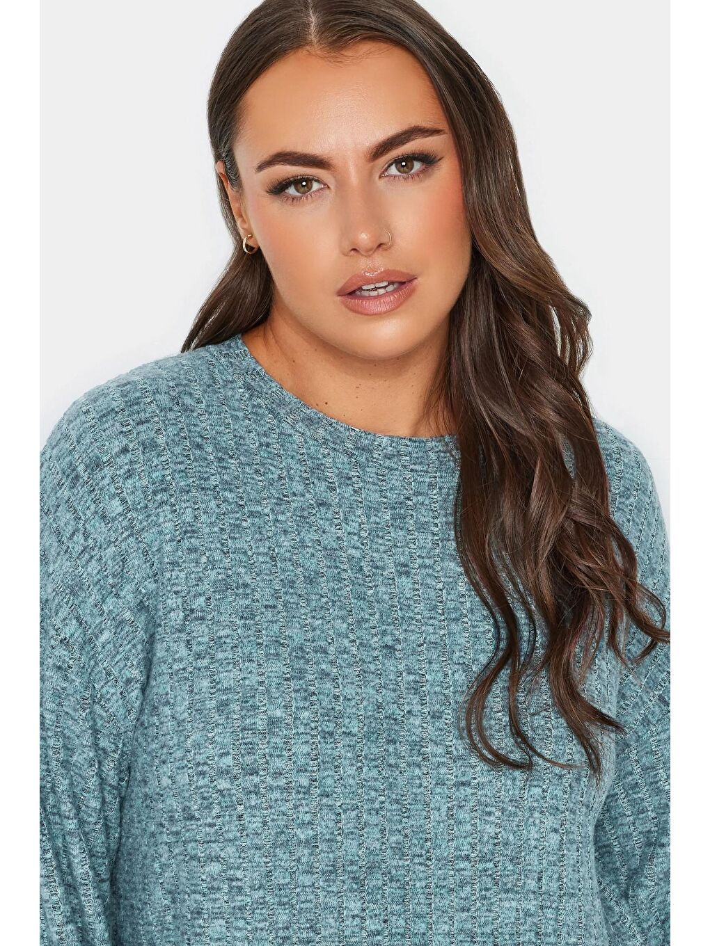 Mavi Büyük Beden Bisiklet Yaka Uzun Kollu Örme Kısa Elbise 302611-1