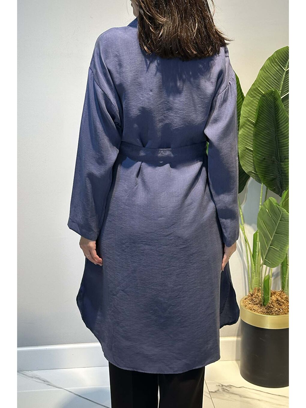 Beli Bağcıklı Lyocell Uzun Gömlek Tunik 7501 İndigo-3