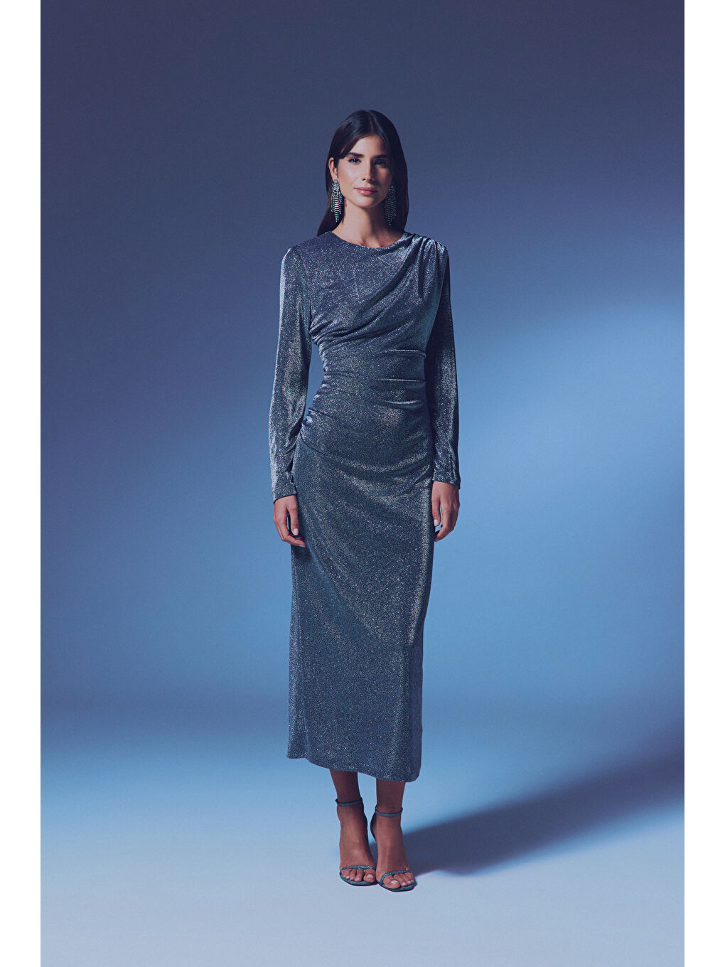 Simli Midi Elbise - Antrasit-1