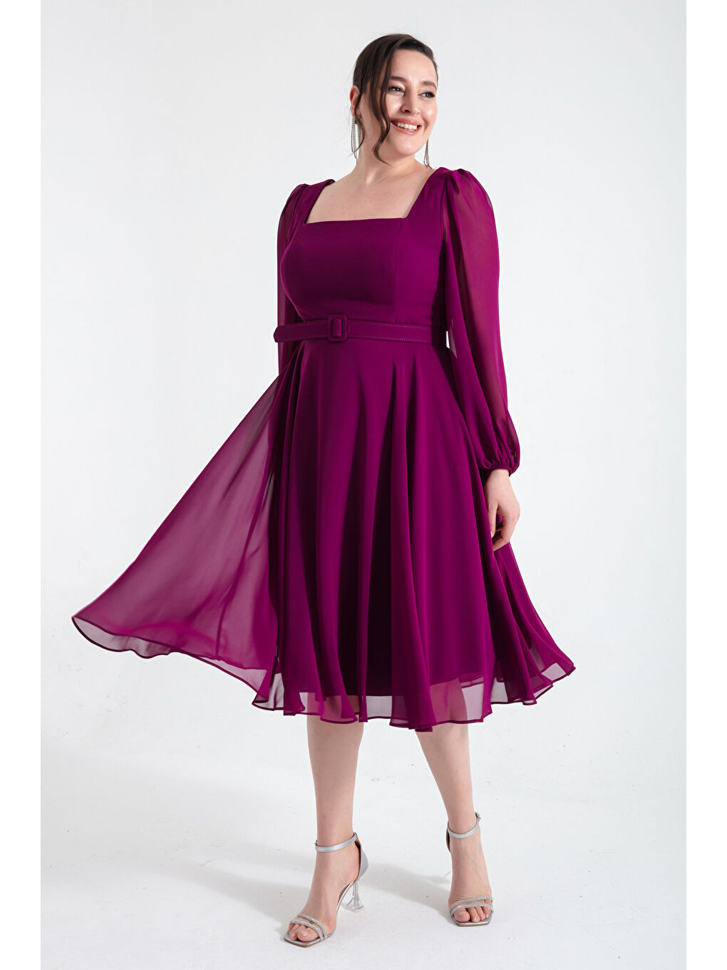 Kadın Mürdüm Kare Yaka Kemerli Midi Şifon Büyük Beden Abiye Elbise-2