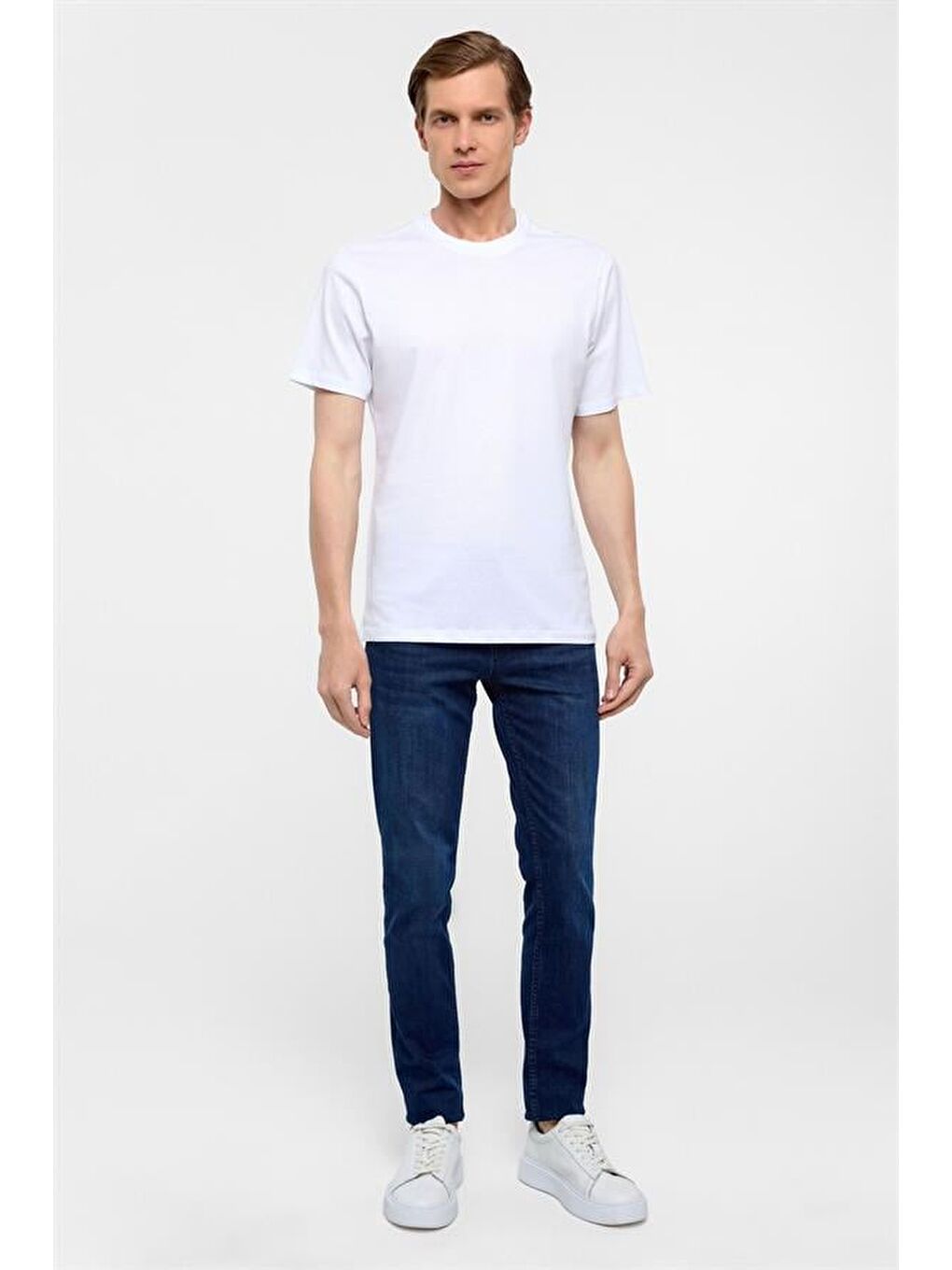 Beyaz Regular Düz Bisiklet Yaka Tişört-6