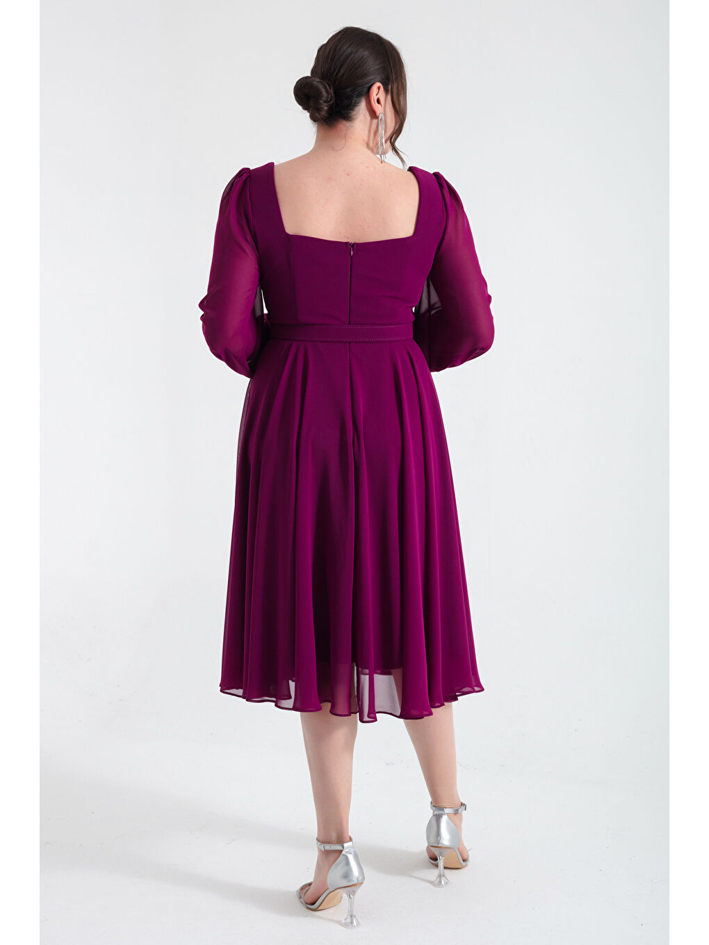 Kadın Mürdüm Kare Yaka Kemerli Midi Şifon Büyük Beden Abiye Elbise-4