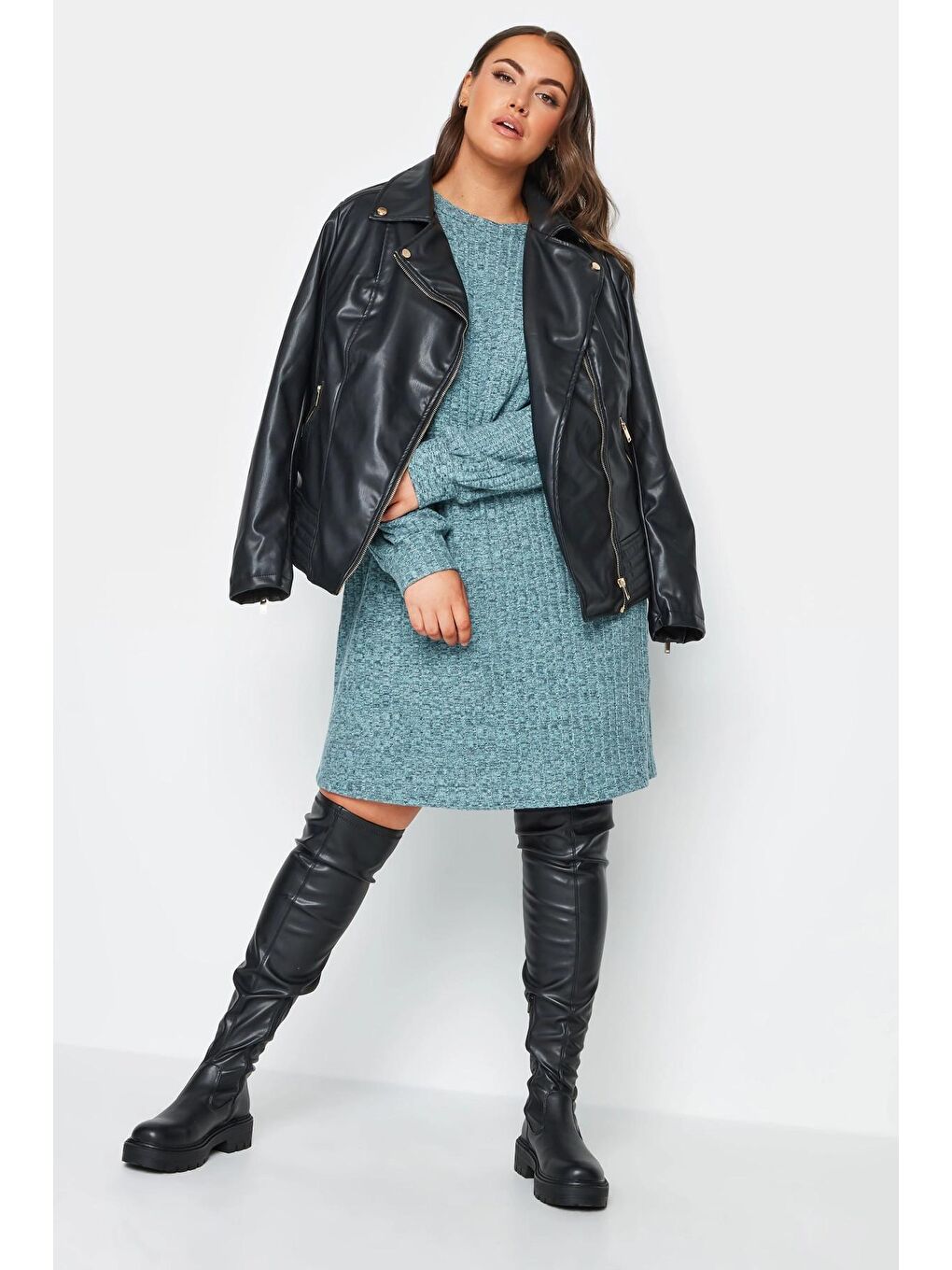 Mavi Büyük Beden Bisiklet Yaka Uzun Kollu Örme Kısa Elbise 302611-2