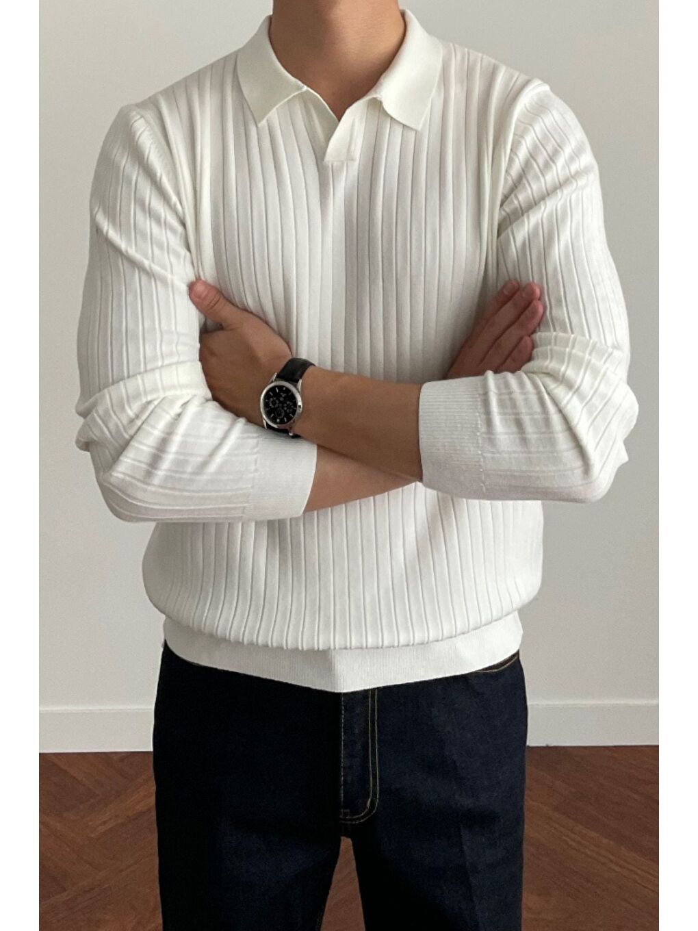 Erkek Beyaz Polo Yaka Fitilli Triko Kazak