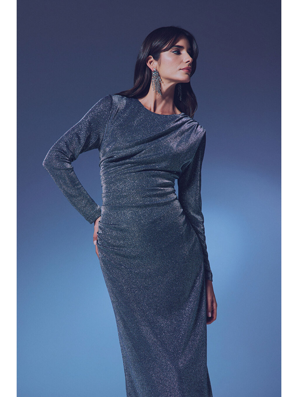 Simli Midi Elbise - Antrasit-2