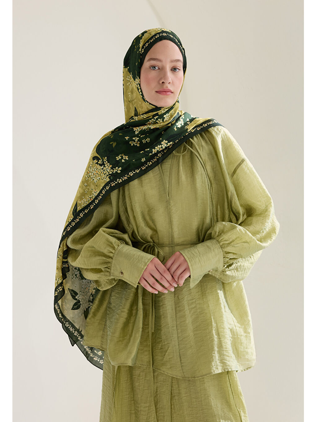 Tıny Plumerıa Floş Viskon Şal Haki-2