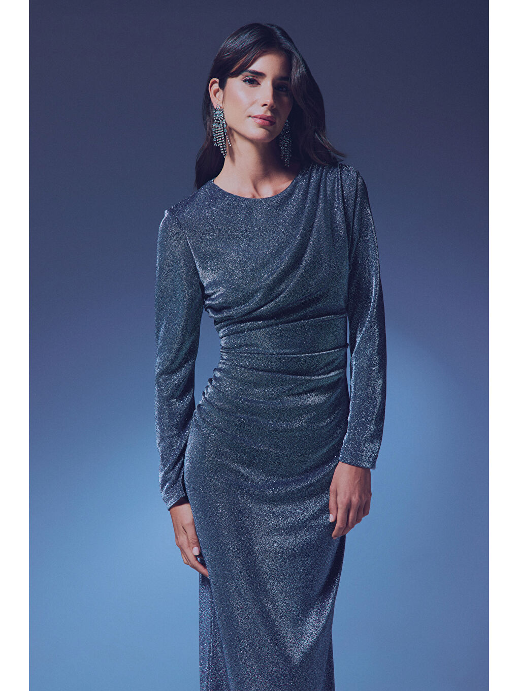 Simli Midi Elbise - Antrasit-3