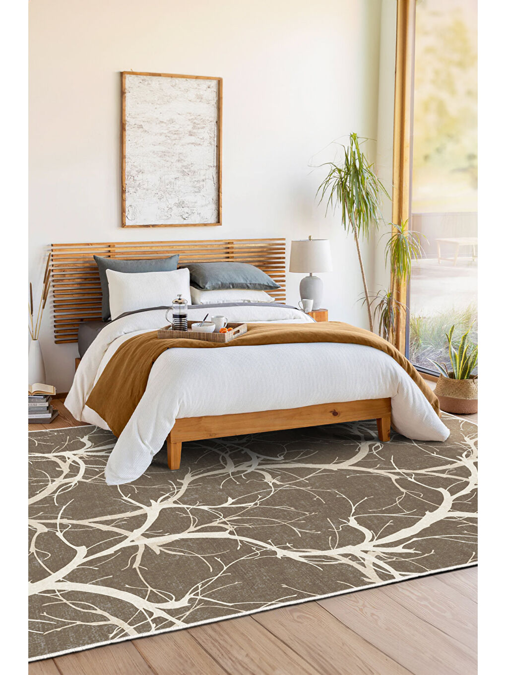 Kahverengi Dekoratif Özel Tasarım Yıkanabilir İnce Kaymaz Tabanlı Modern Halı KECE FR19-1