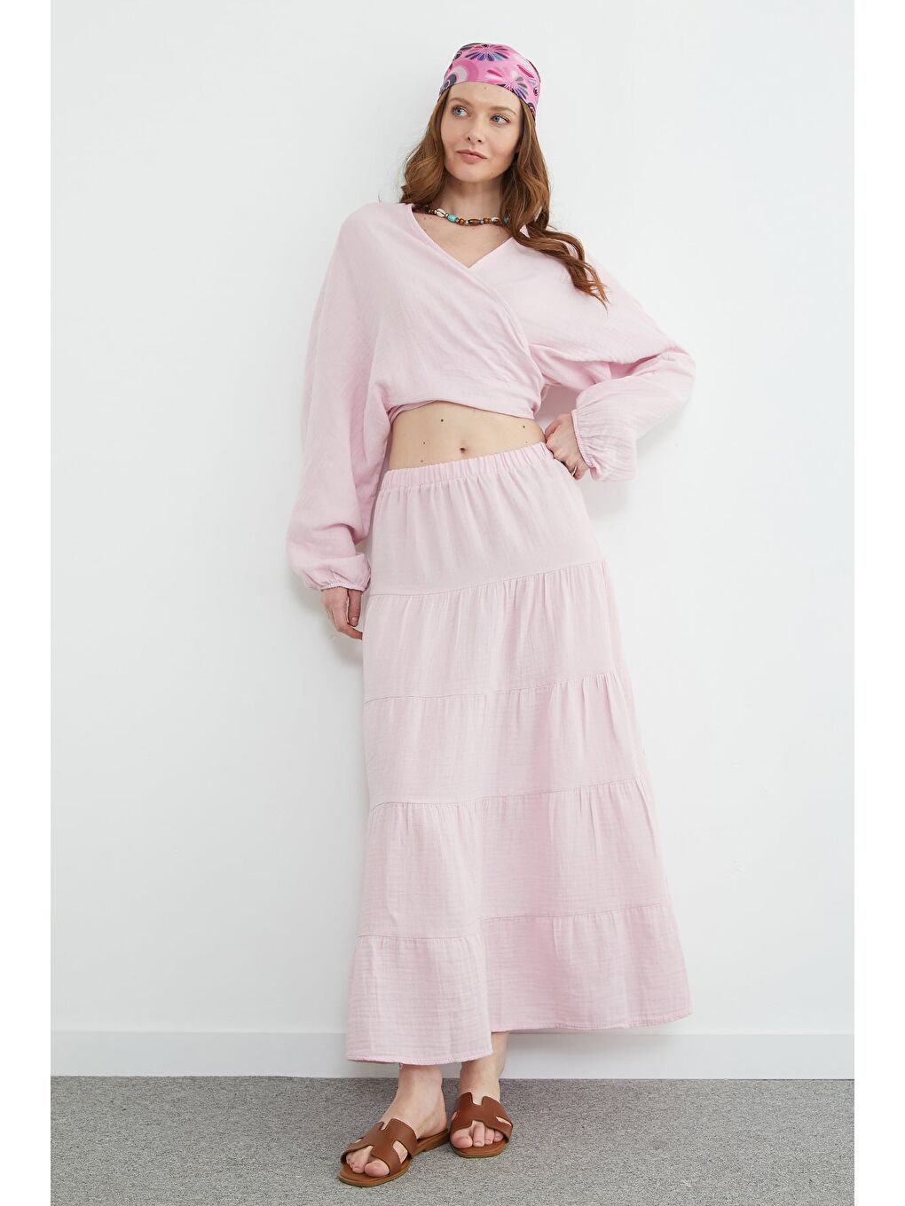 Pembe Beli Lastikli Müslin Kumaş Etek