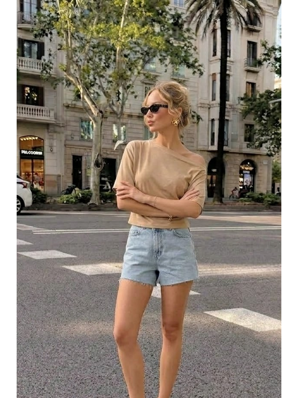 Kadın Omzu Dekolteli Basic Bej Tişört-2